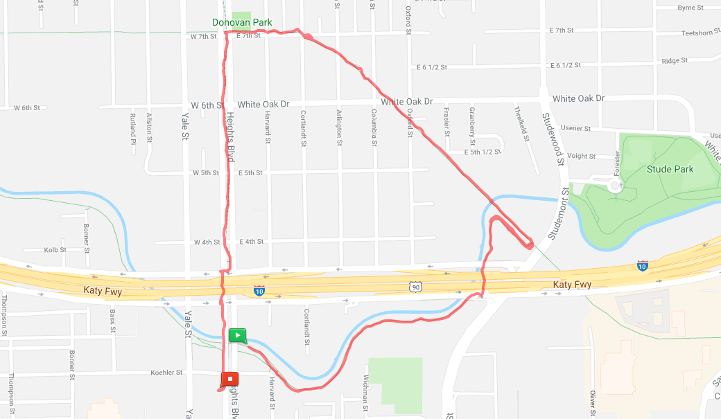 Start at Koko Heights => White Oak Bayou Trail => Height Hike and Bike Trail => Heights Blvd => Back to Koko