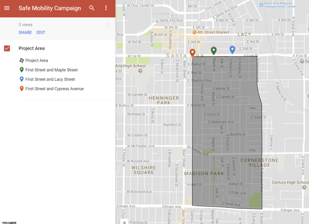 The pin drops show where the safe mobility campaign team will conduct an audit of bicyclists, pedestrian, and motorist behaviors. Image: Google Maps