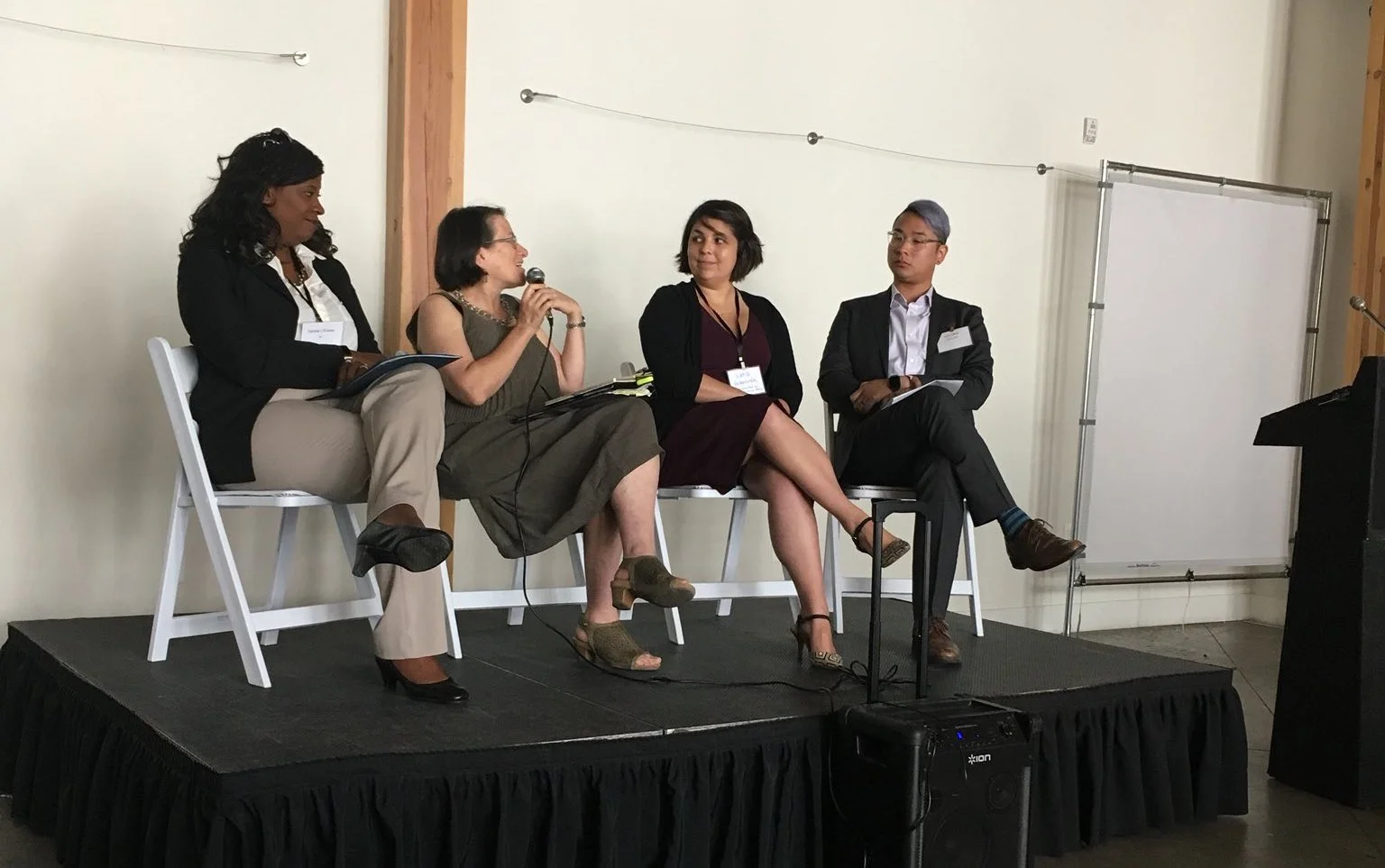 Cal Walks ED Tony Dang moderating opening panel of Transportation Equity Summit featuring Ellen Greenberg, Katie Valenzuela, and Tamika L’Ecluse