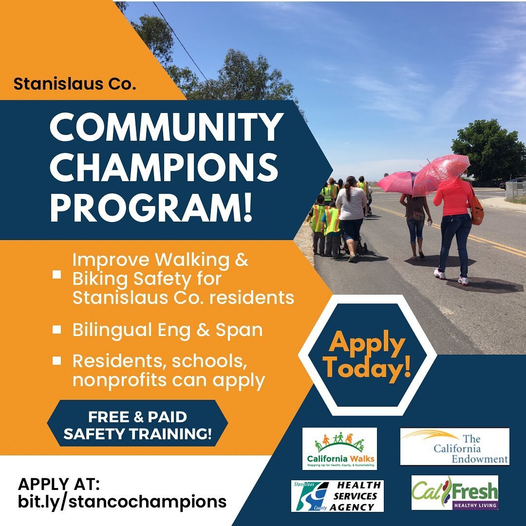 Apply today for our PAID training program: Stanislaus County Community Champions Program! 

The @stancountyhsa along with California Walks, invite you to apply to this paid training opportunity which will work with up to 25 community members to build
