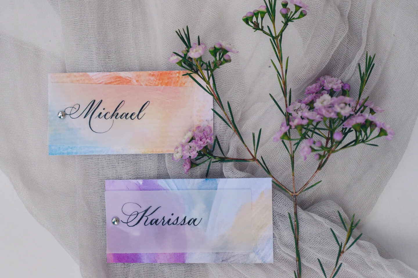 Watercolor painting with vellum overlay and Copperplate calligraphy (Caroline & Patricia Style).