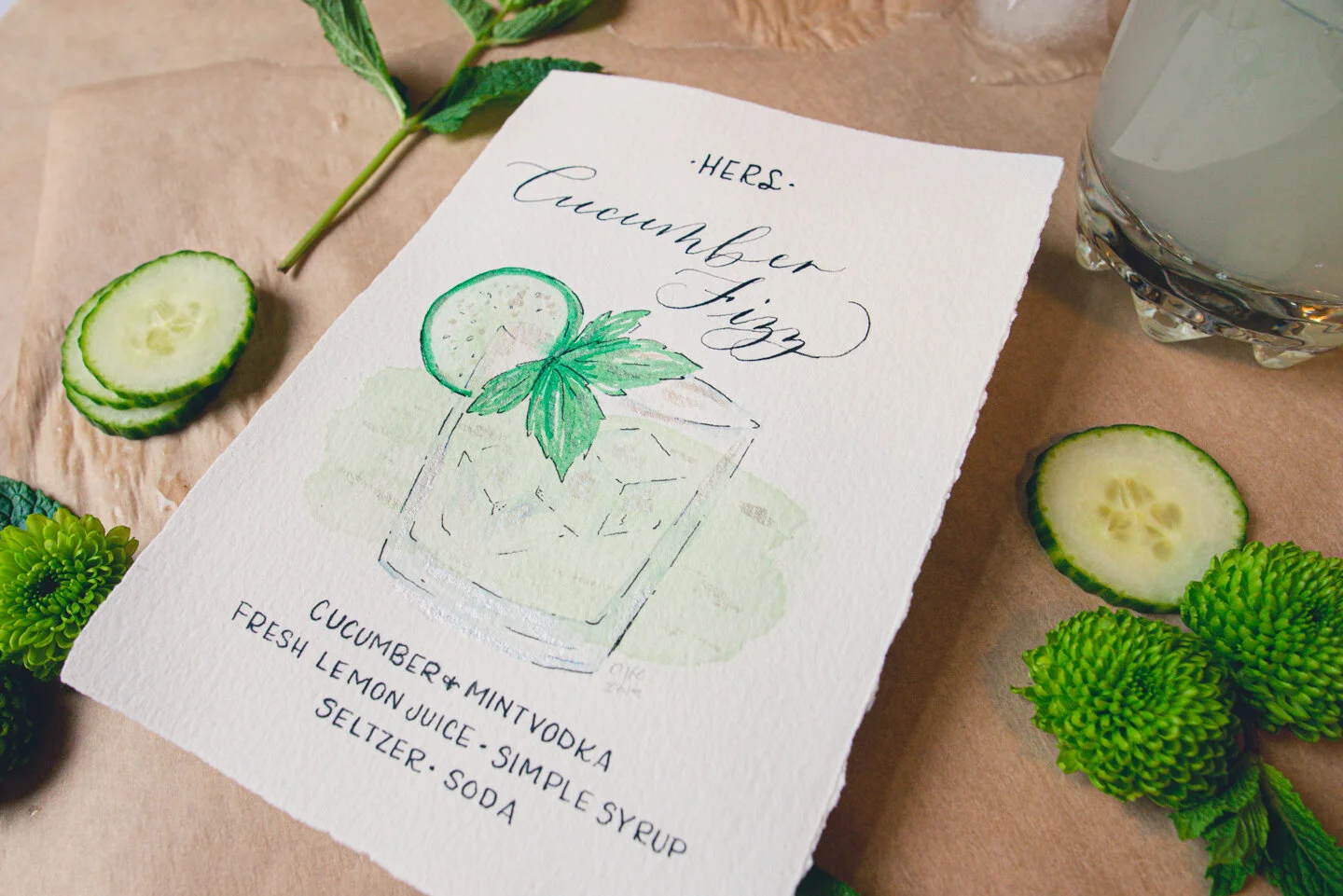 Signature cocktail menu with watercolor illustration and modern calligraphy.