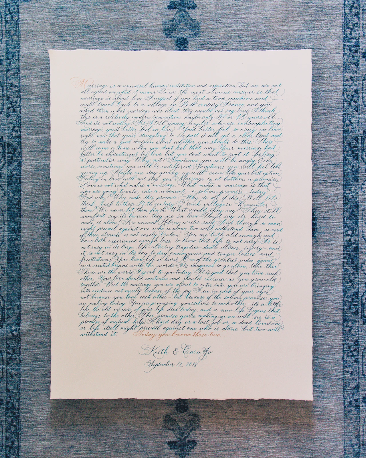 Handwritten wedding vows with blue and gold ink. Measures 18x24"