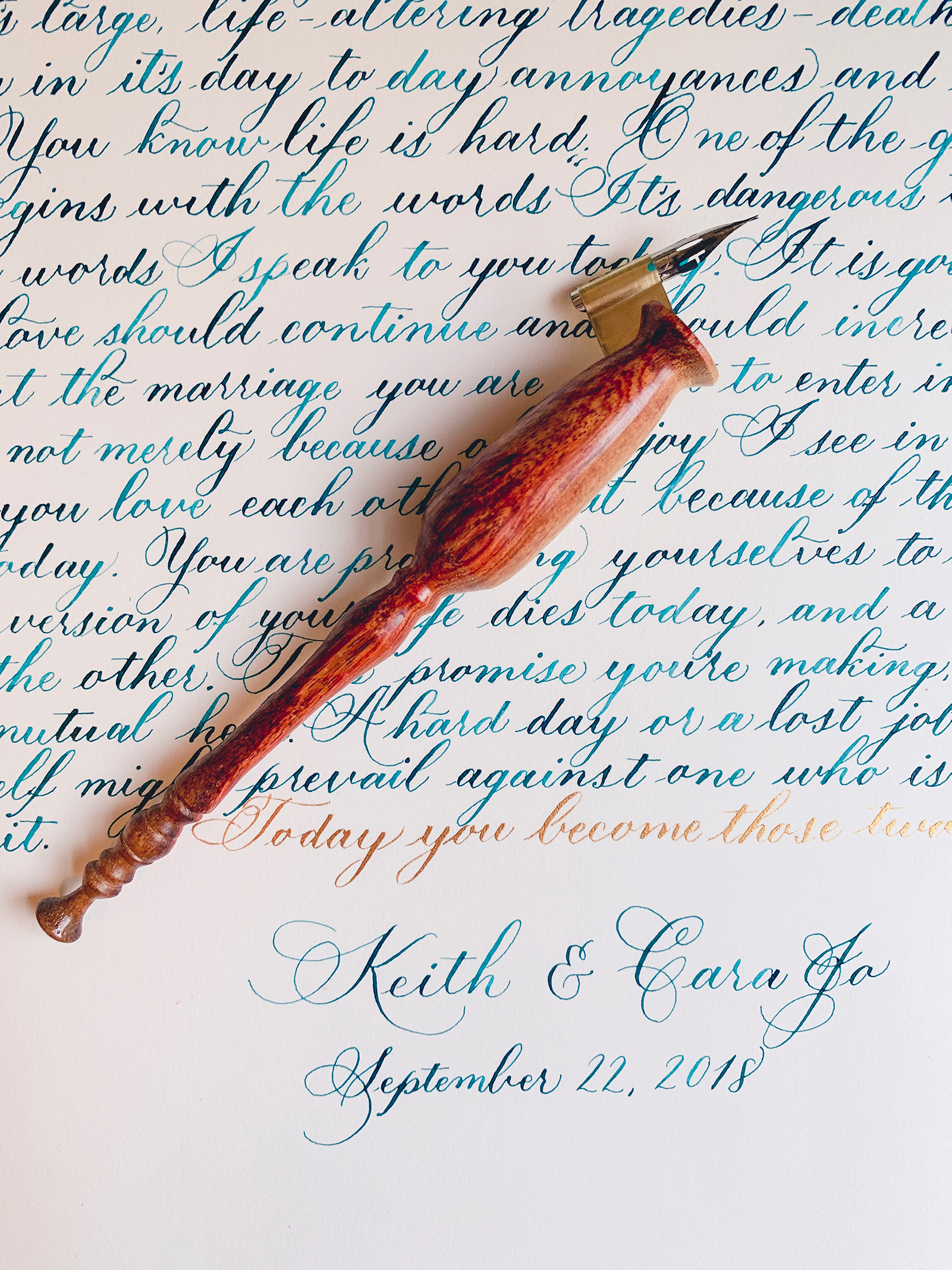 Handwritten wedding vows with blue and gold ink. Measures 18x24".