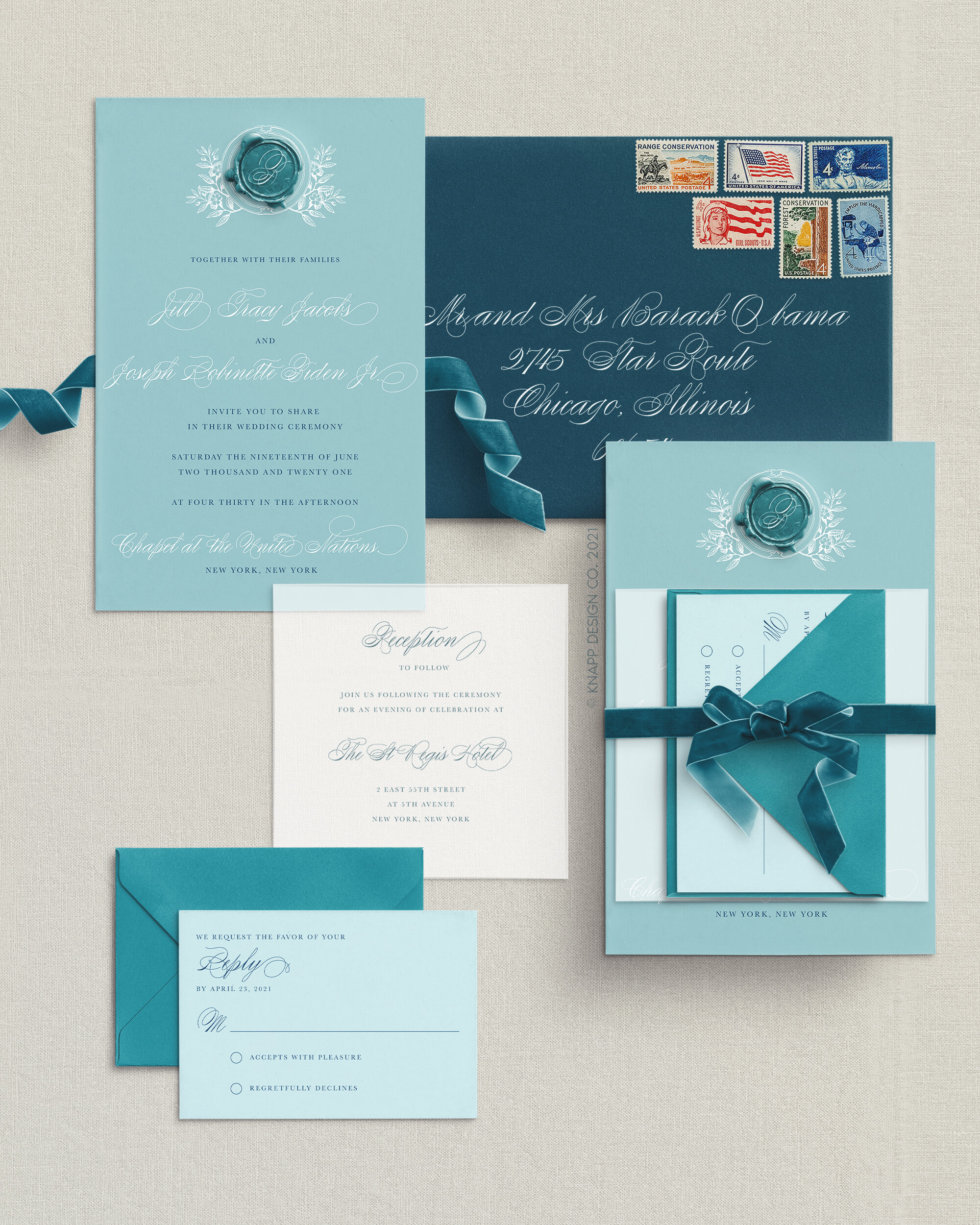 Teal Wedding invitation suite with velvet ribbon inspired by Jill Biden