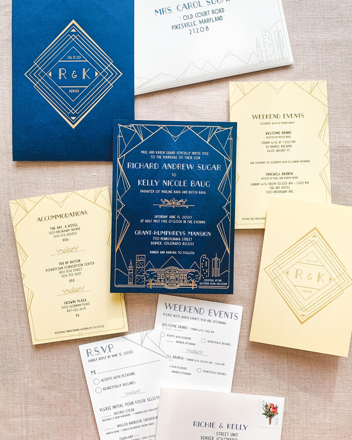 Wedding invitation suite with invitation card, enclosure cards, and reply cards.