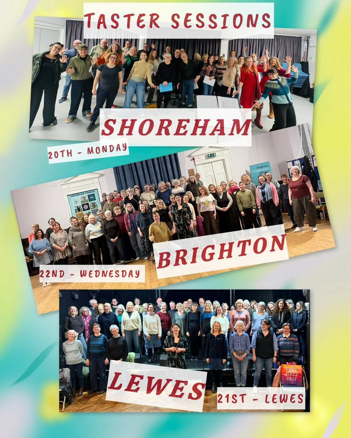THIS WEEK!  Good Vibe Taster Sessions begin. 

You can now join The Good Vibe Choir in either Shoreham, Lewes or Brighton! 

Each session this week is a taster and the start of the spring-summer term.  We are a fun and friendly pop choir, who sing gr