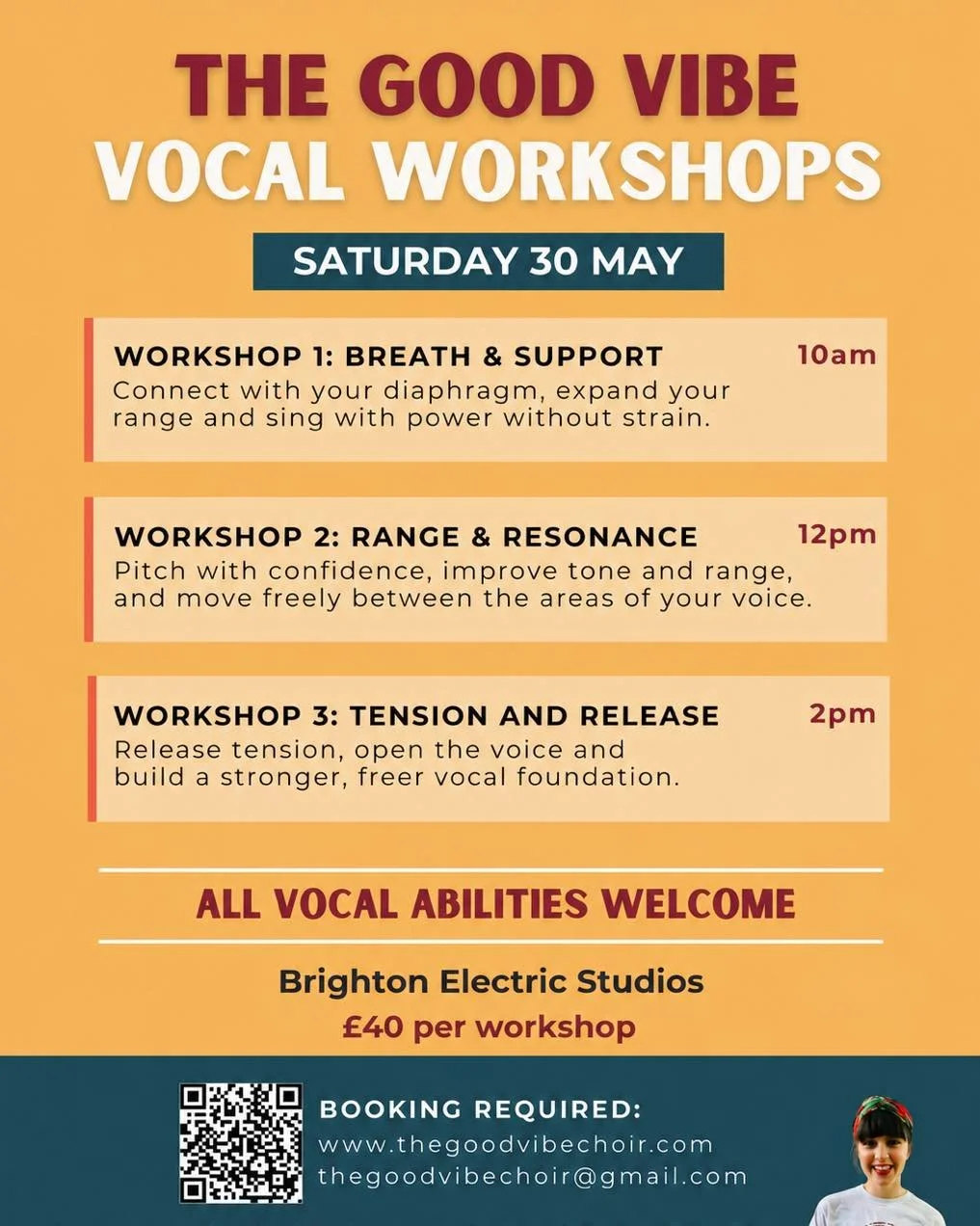 This Saturday, Vocal coach and choir leader Steph Brown will be running 3 excellent workshops at brightonelectricstudios.  There&rsquo;s only a handful of tickets remaining. 

Each work shop is an hour and a half, which explores in depth the techniqu