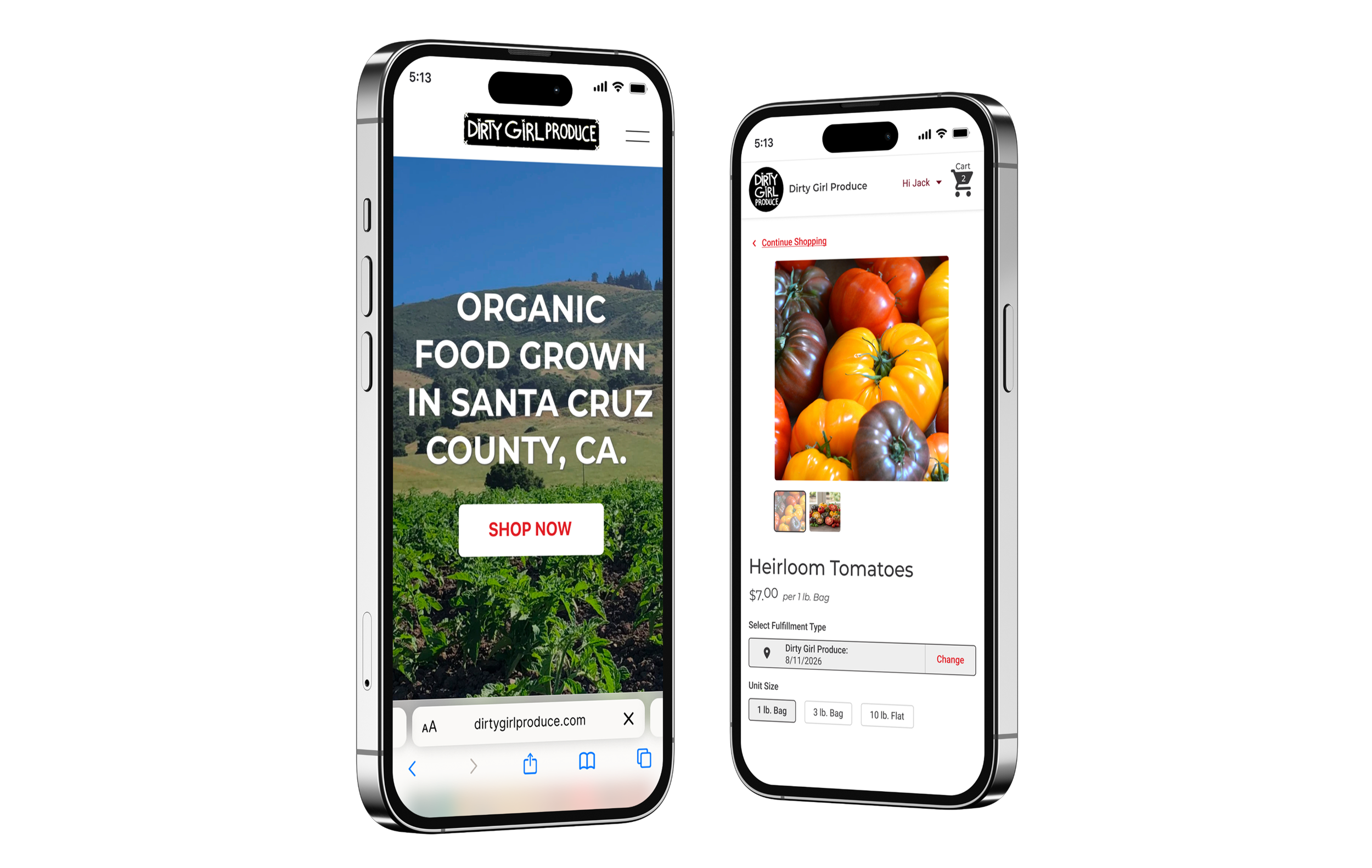 Two smartphones displaying the Dirty Girl Produce mobile website, showing the homepage and an heirloom tomatoes product page.