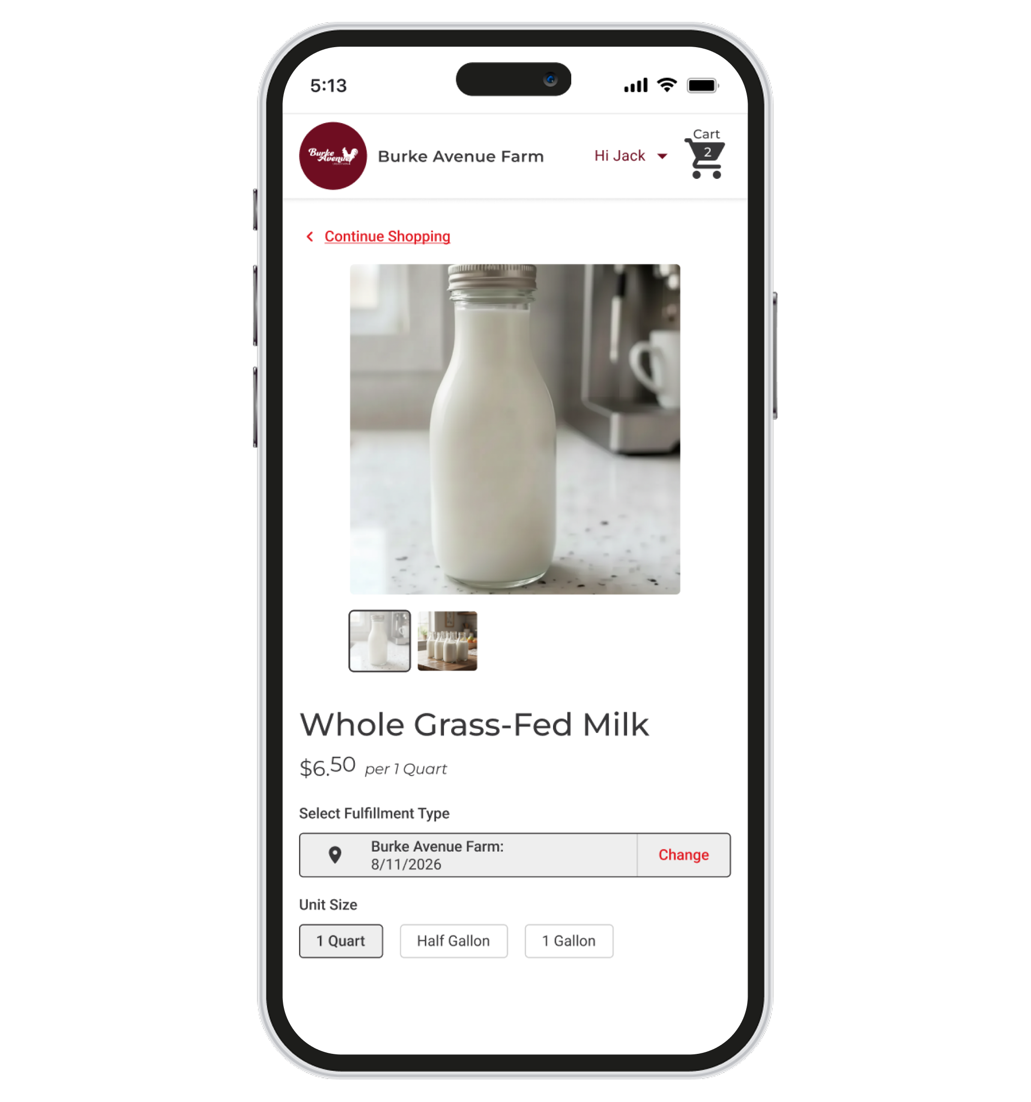 Mobile shopping page for Burke Avenue Farm showing whole grass-fed milk priced at $6.50 per quart, with product image and size options.