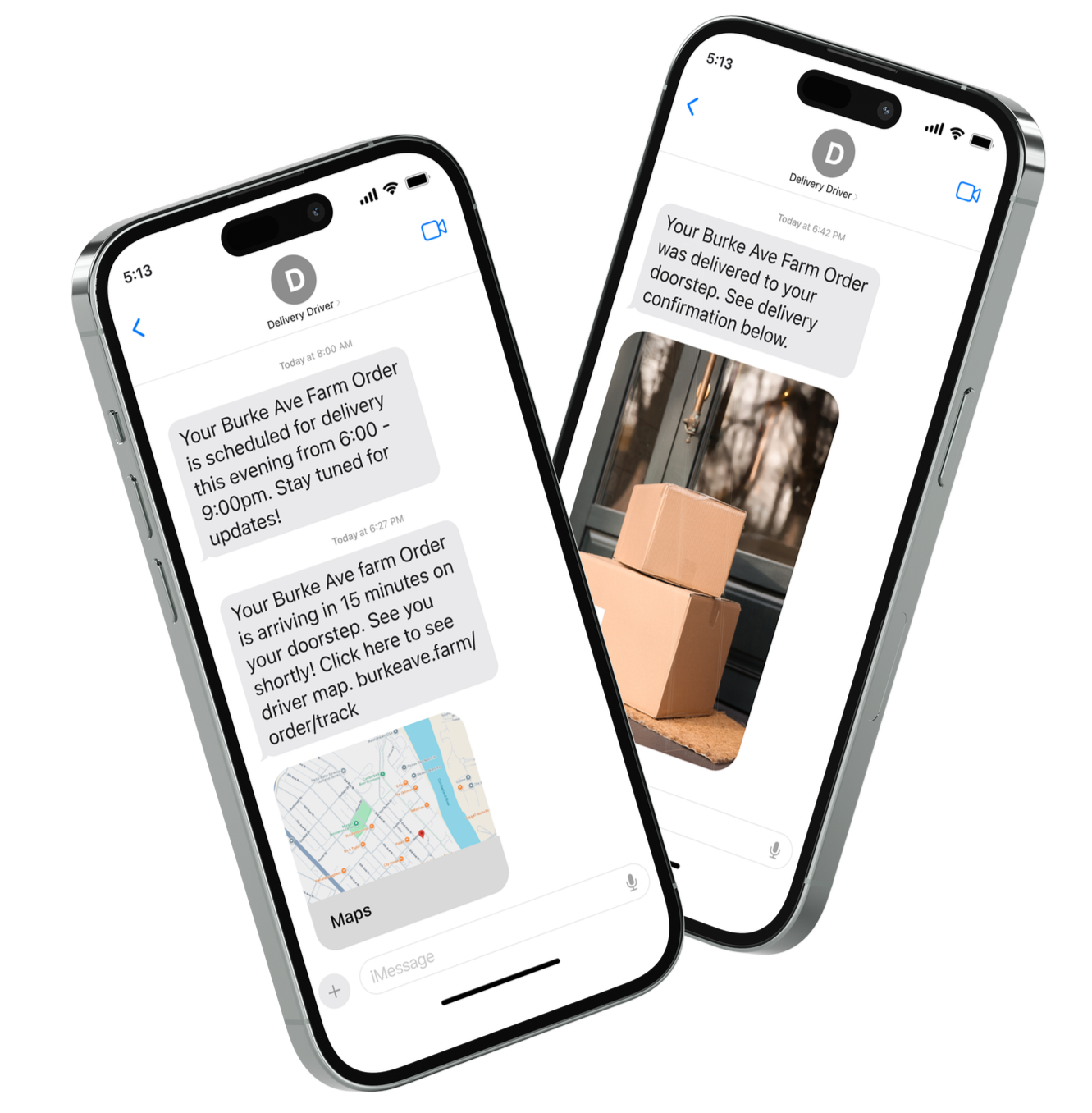 A text thread between a delivery driver and customer with updates about their farm food delivery