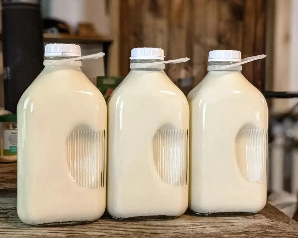 3 plastic jugs of farm fresh raw milk.