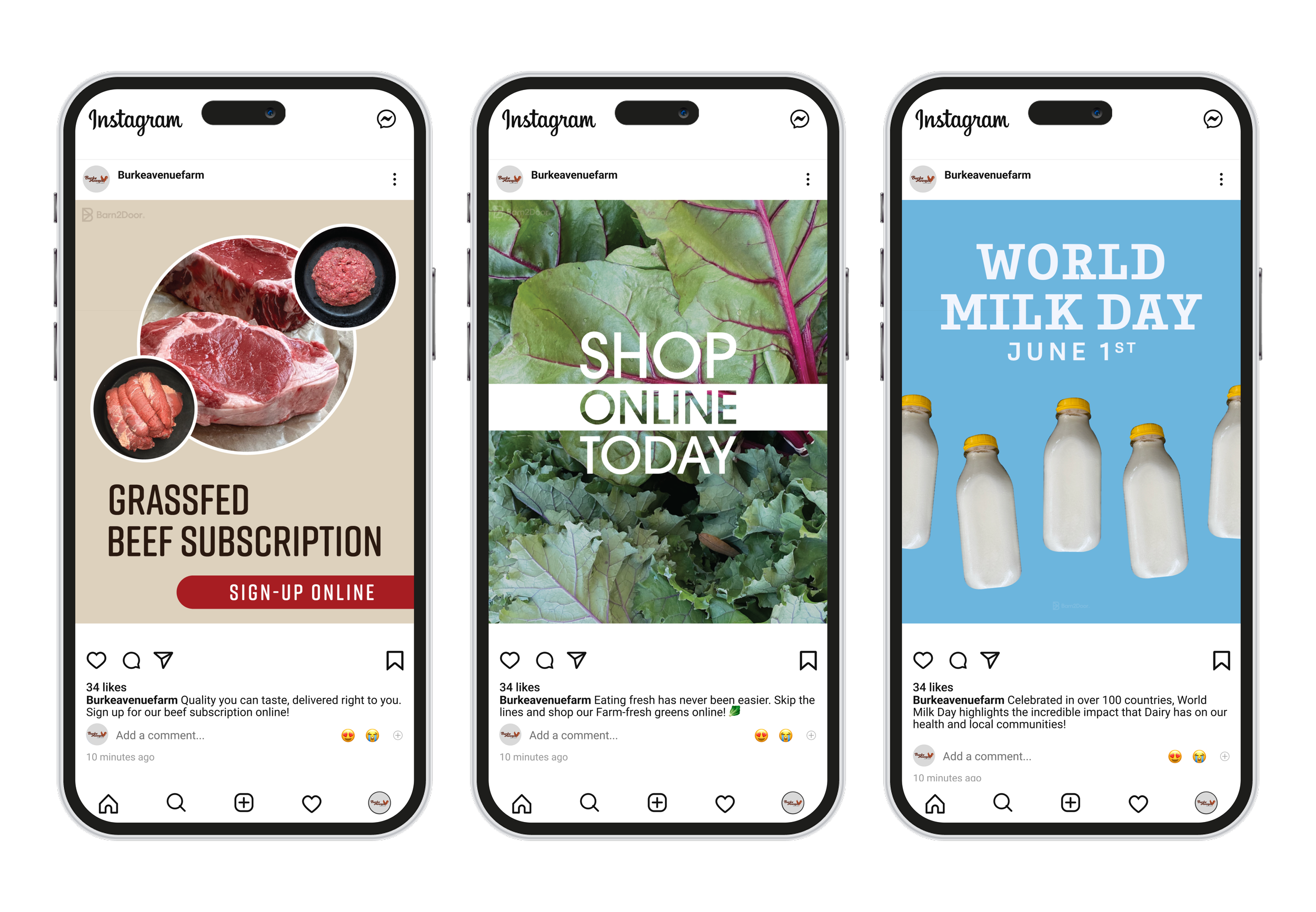 Three smartphones side-by-side displaying barn2door toolkit Instagram posts