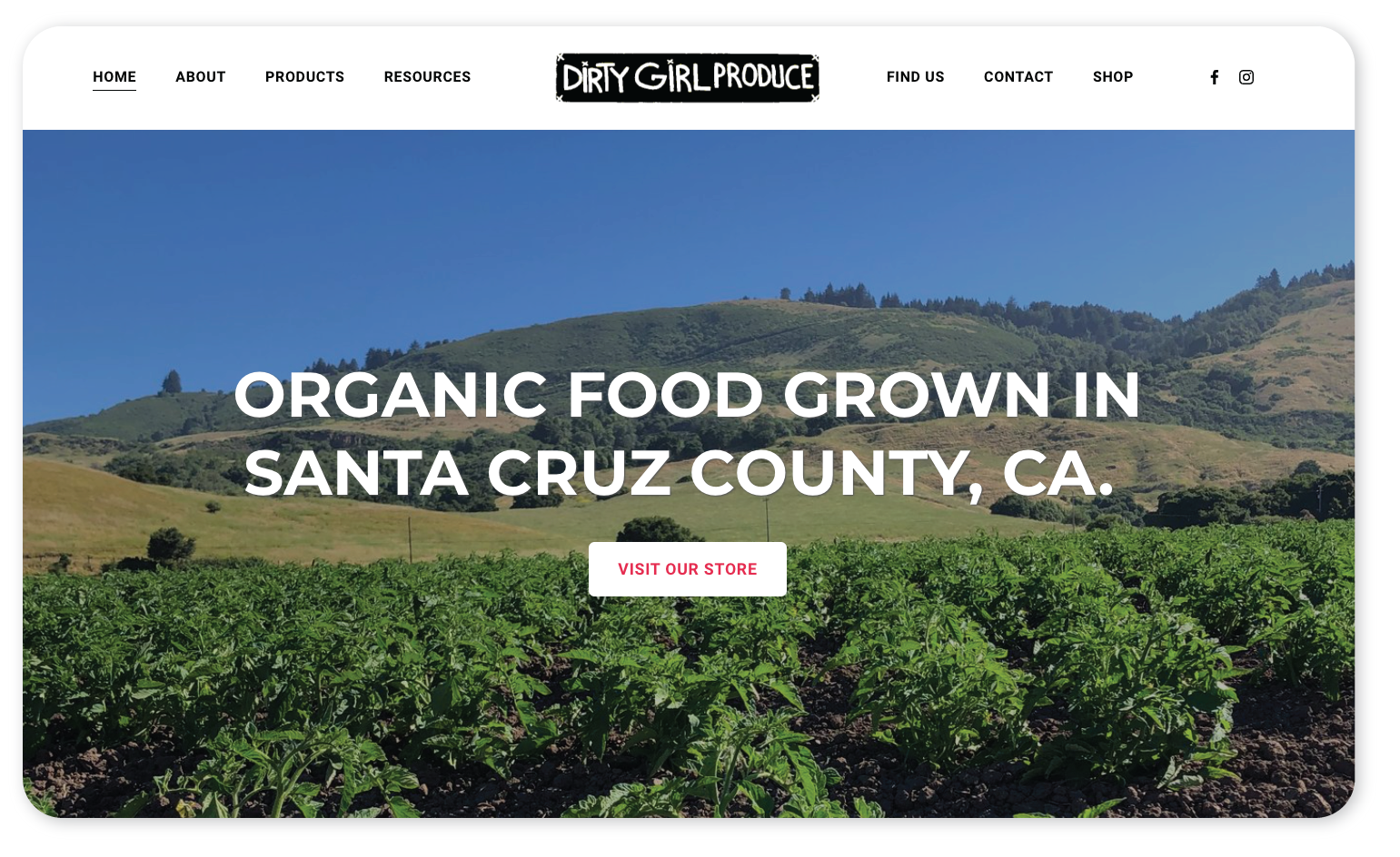 Website home page of Dirty Girl Produce showing a field and hills, with text "Organic Food Grown in Santa Cruz County, CA." and a button labeled "Visit Our Store."