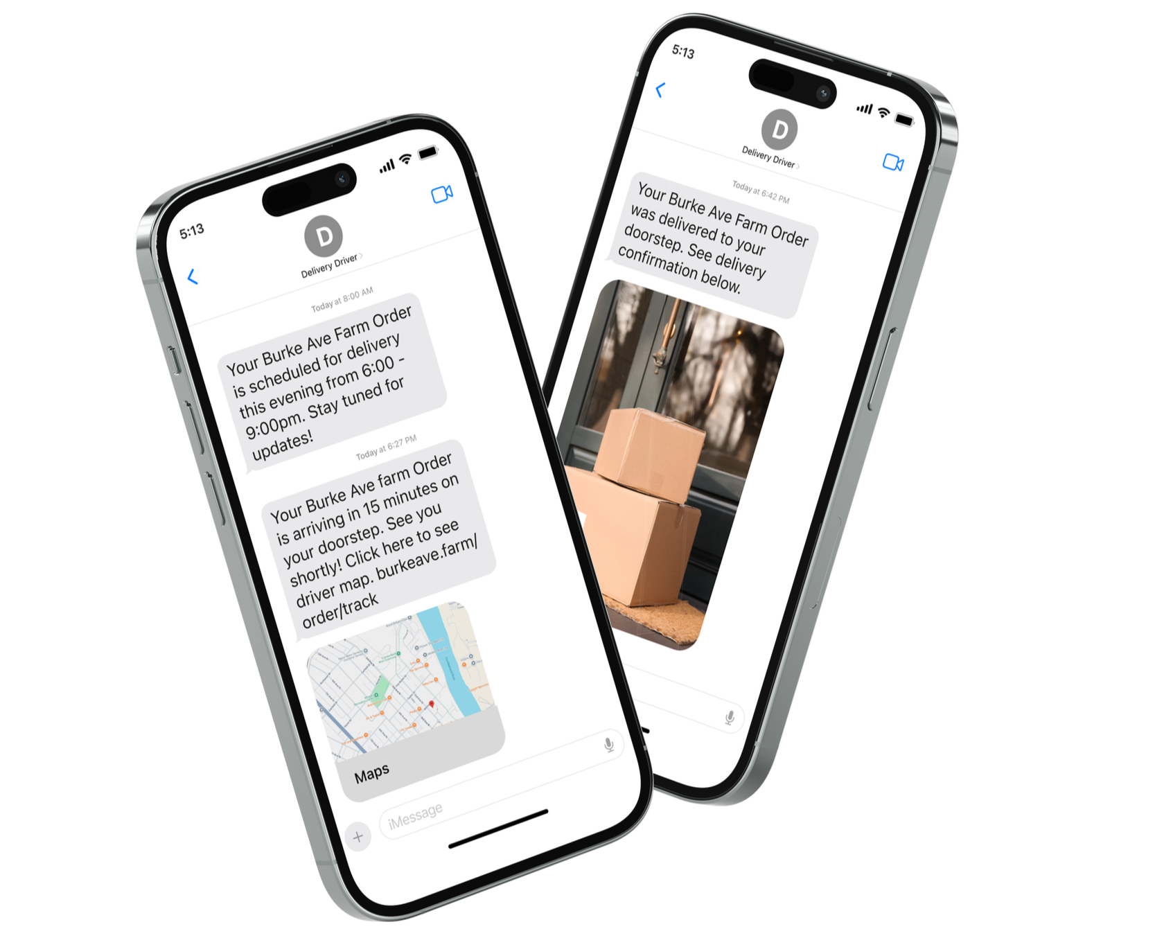 Two smartphones displaying automated text message updates for a farm order delivery.