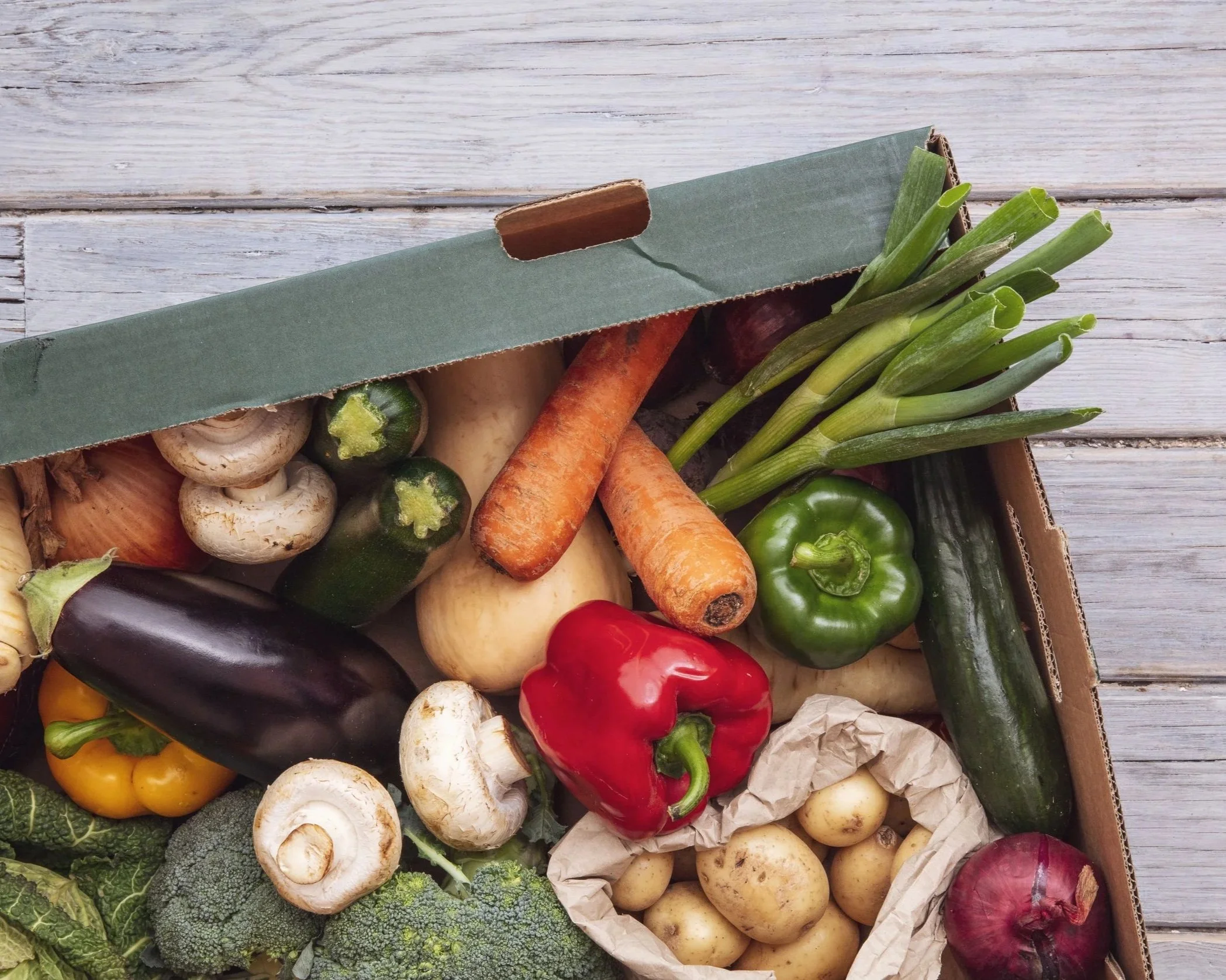 A box of fresh farm produce delivered to a buyers doorstep