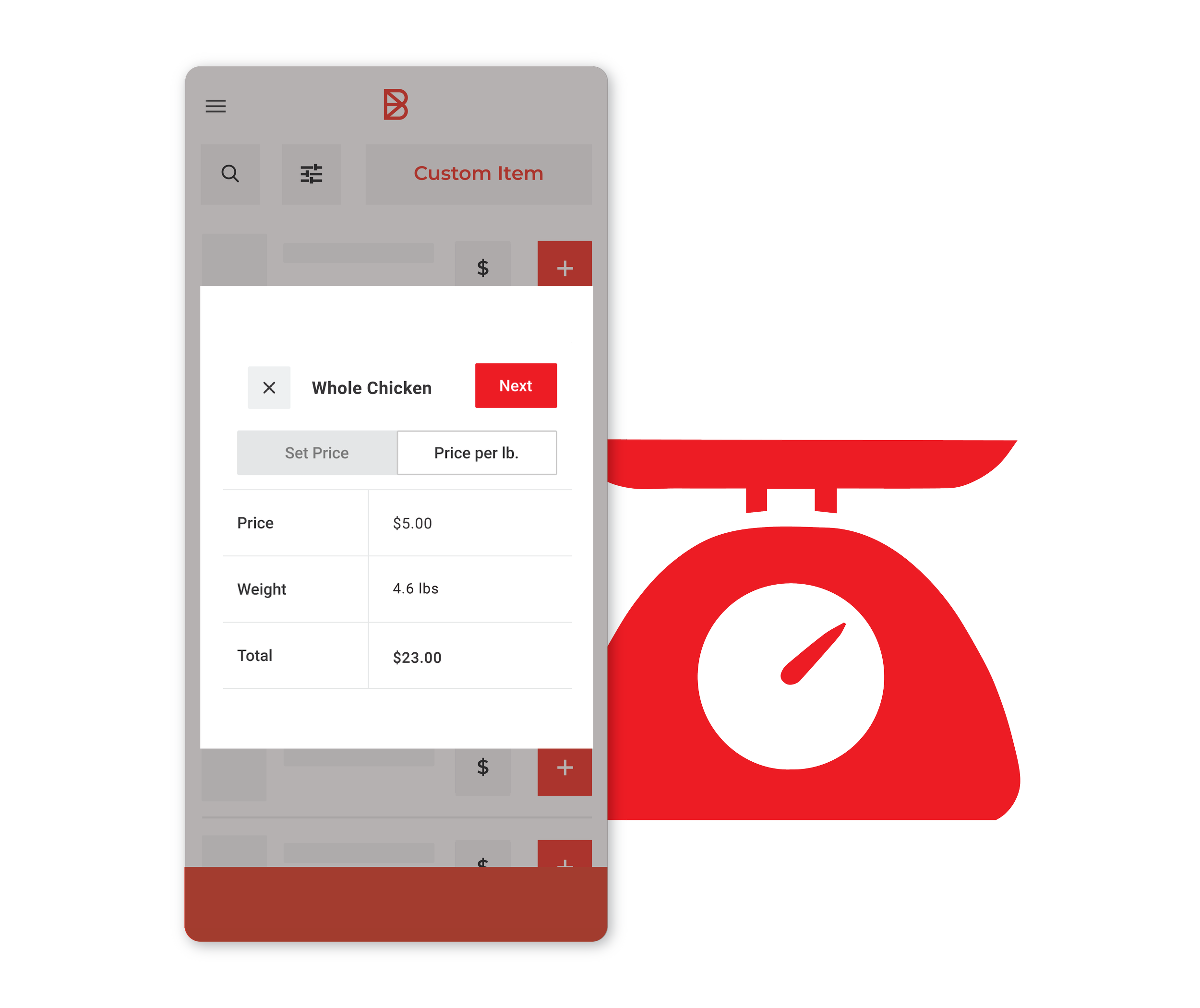 An interface mockup of a mobile point-of-sale app showing a "Whole Chicken" item configured with a price of $5.00 per lb., a weight of 4.6 lbs, and a total of $23.00, positioned next to a red icon of a weighing scale against a black background.