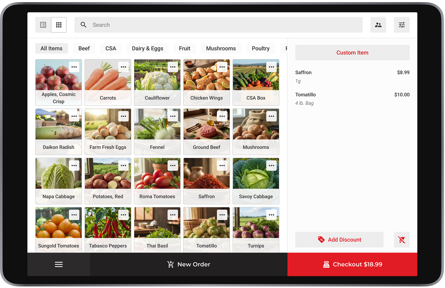 A digital point-of-sale (POS) interface displayed on a tablet screen, featuring a grid of categorized grocery and produce items on the left and a cart summary on the right with a red "Checkout $18.99" button at the bottom.