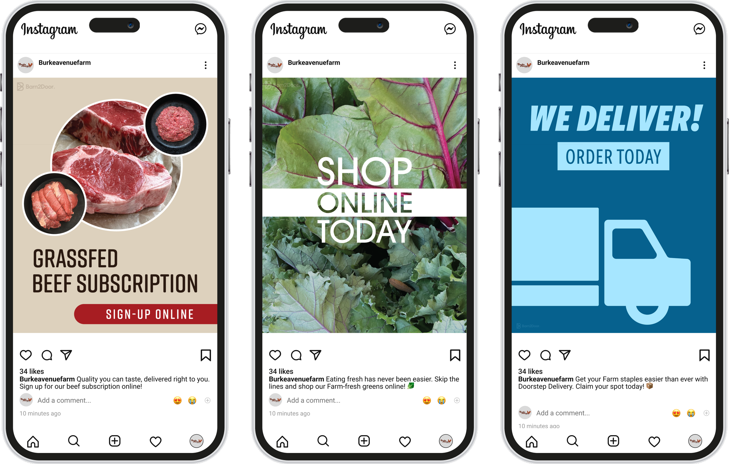 Three smartphone screens displaying Instagram posts promoting grass-fed beef subscriptions, online produce shopping, and doorstep delivery services.
