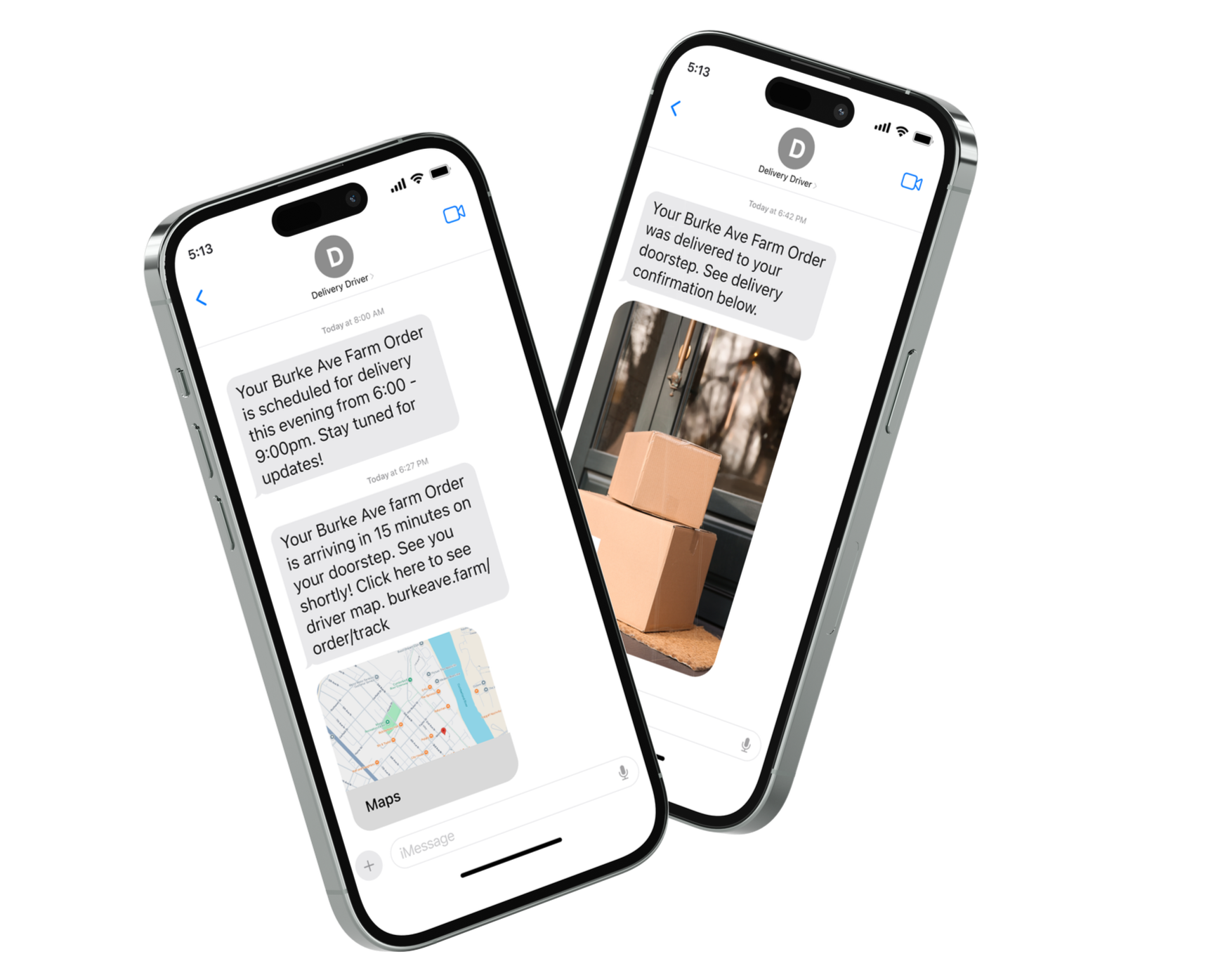 A mockup of two phones showing a photo confirmation text thread between a buyer and delivery driver