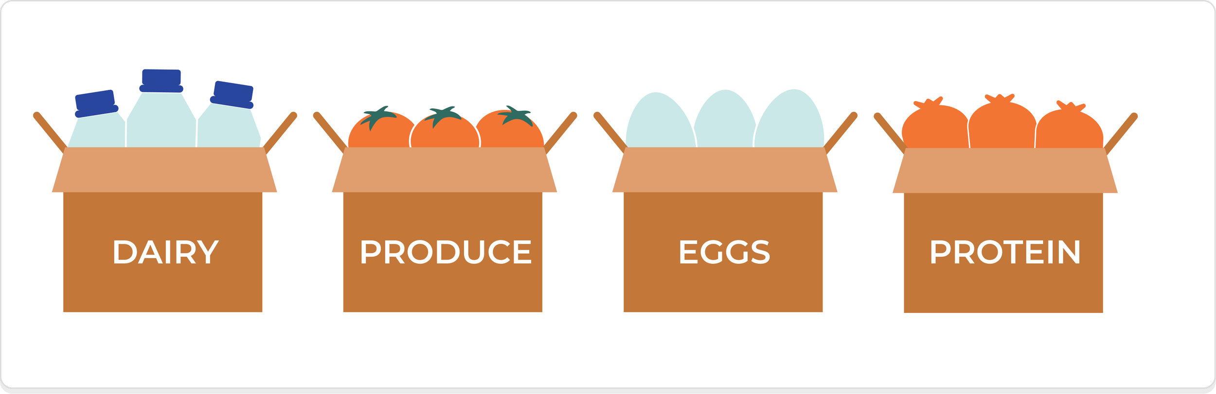 Illustration of four boxes labeled Dairy, Produce, Eggs, and Protein.