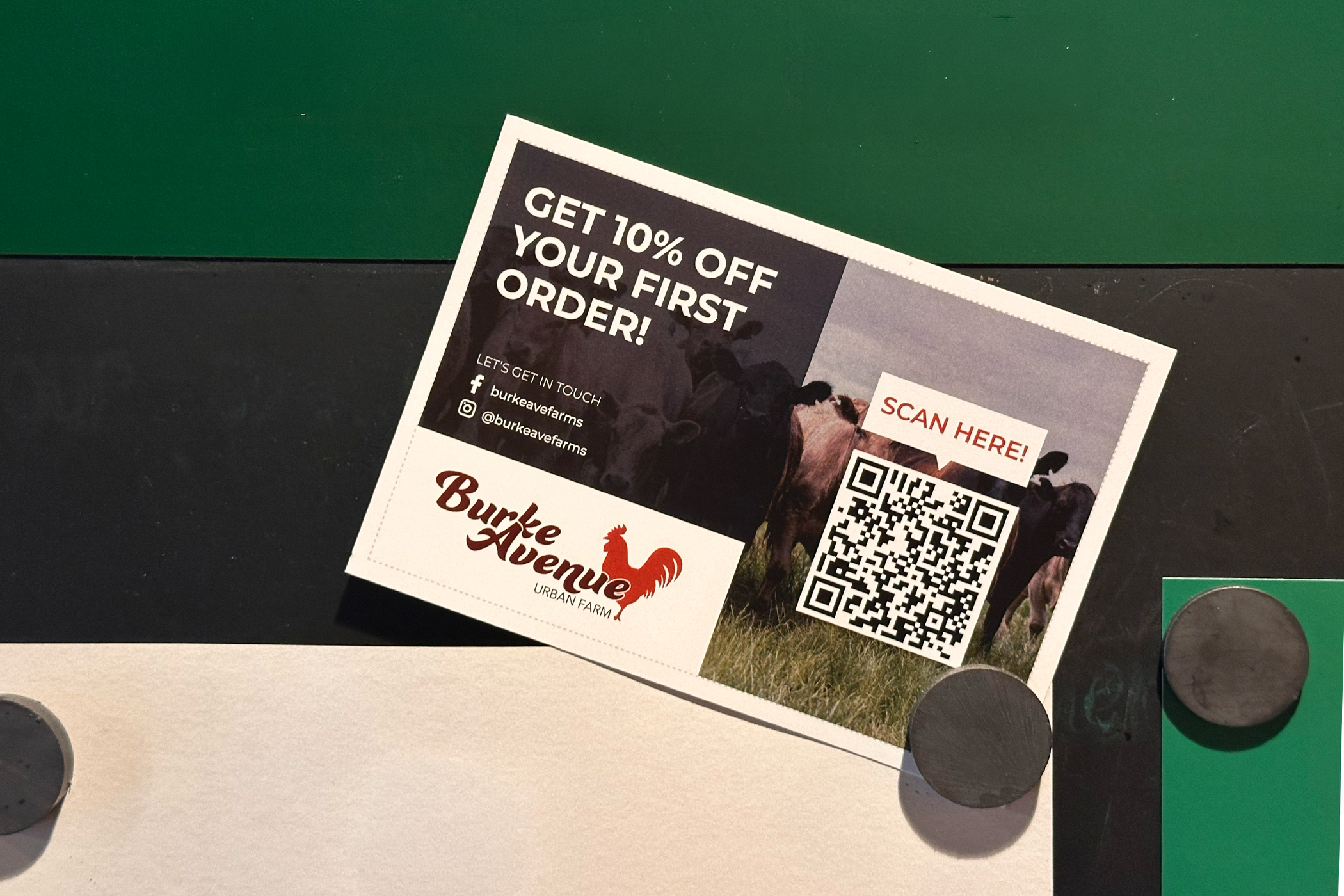A flier for a farm with a logo and QR code on a local bulletin board