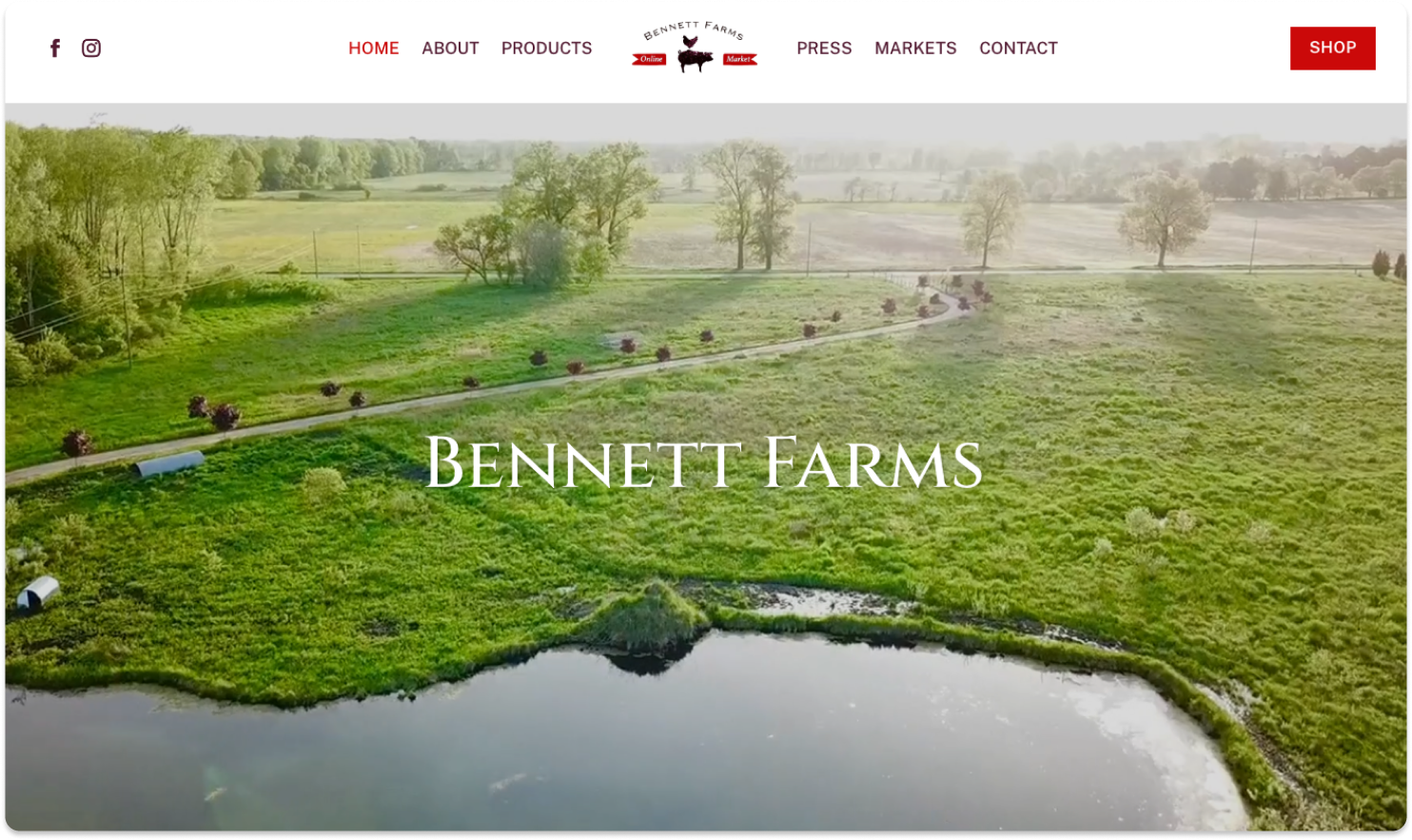 Bennett Farms website homepage featuring aerial view of green fields and a pond with navigation menu at the top.