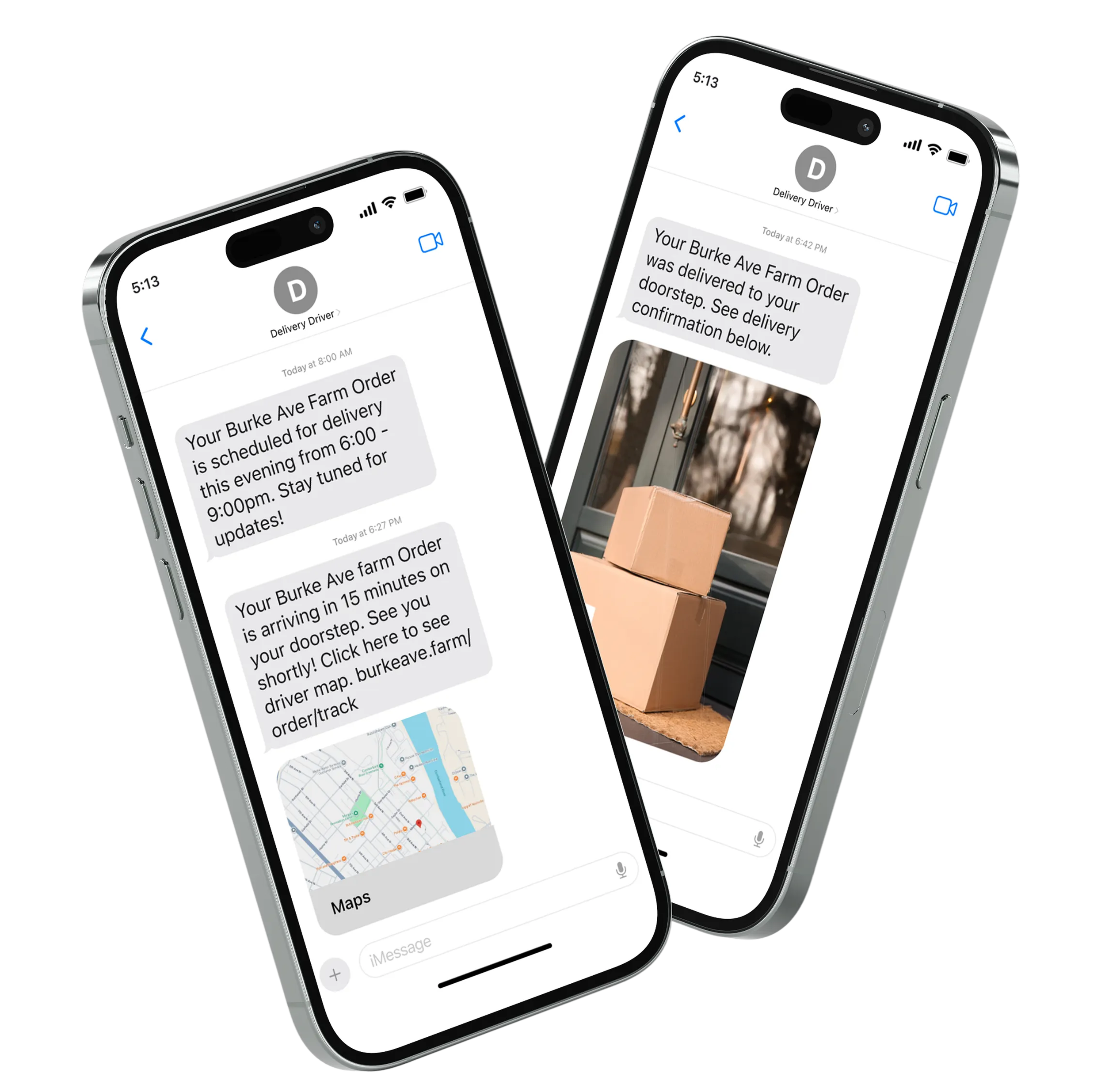 Two smartphones displaying a series of text message notifications from Burke Ave Farm regarding an order's delivery status and final confirmation.