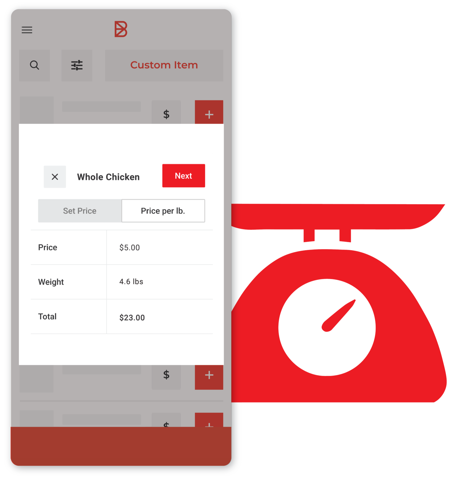 A scale and a UI mockup showcasing Barn2Doors sell by weight capabilities