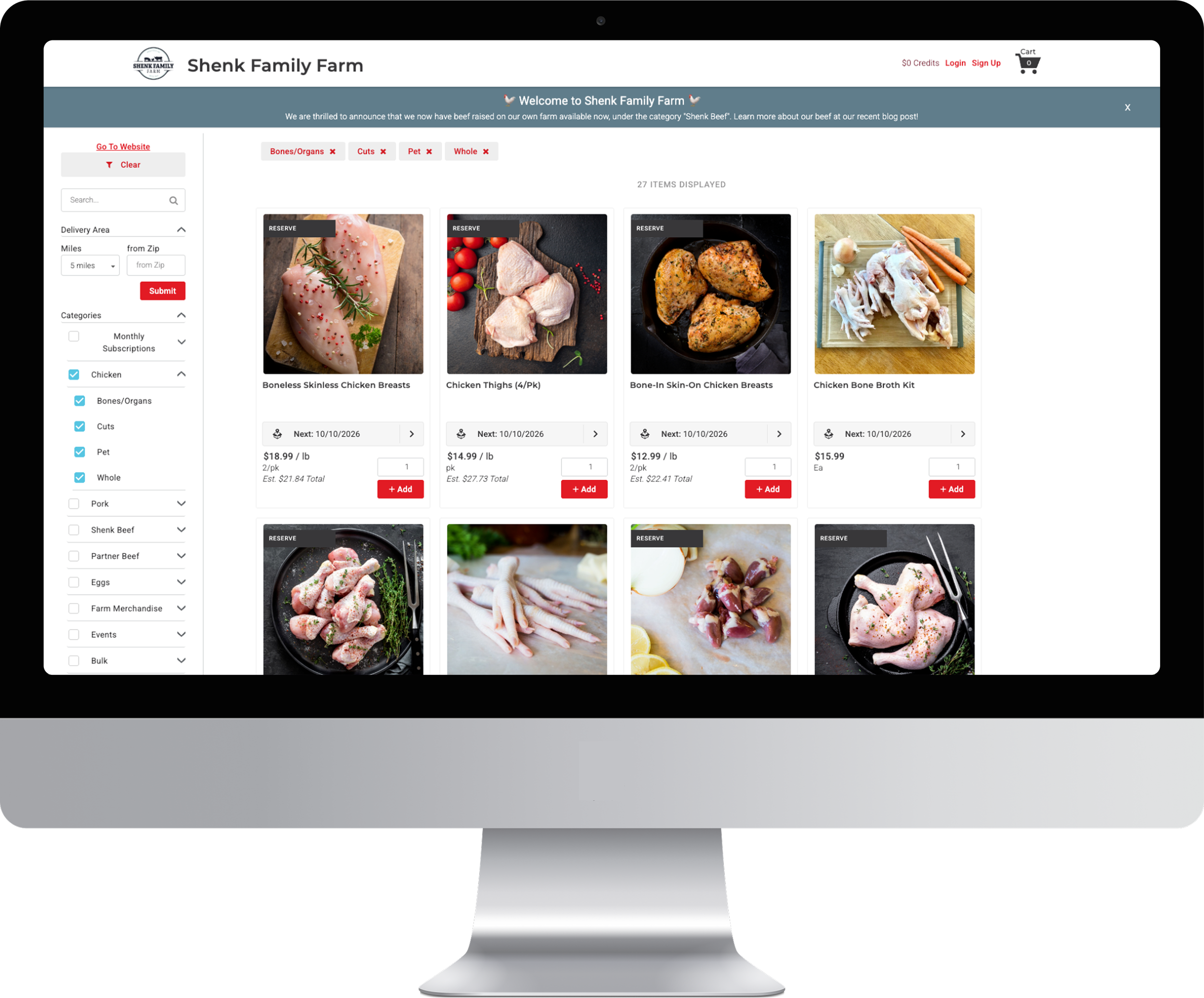 A desktop monitor displaying the Shenk Family Farm online store page featuring chicken product listings.