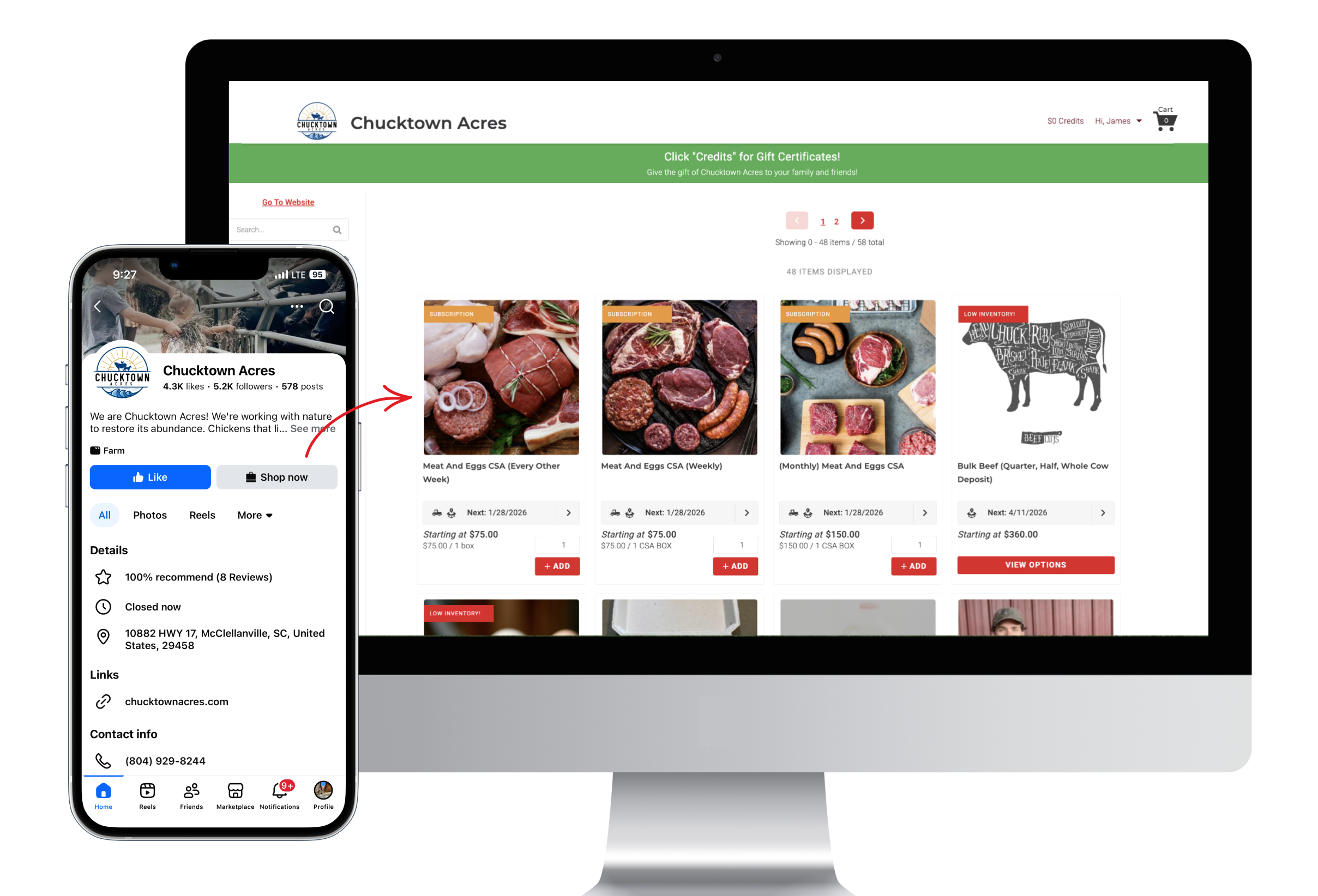 A mockup of a farmers facebook page with a shop now button which brings you to their Barn2Door online store