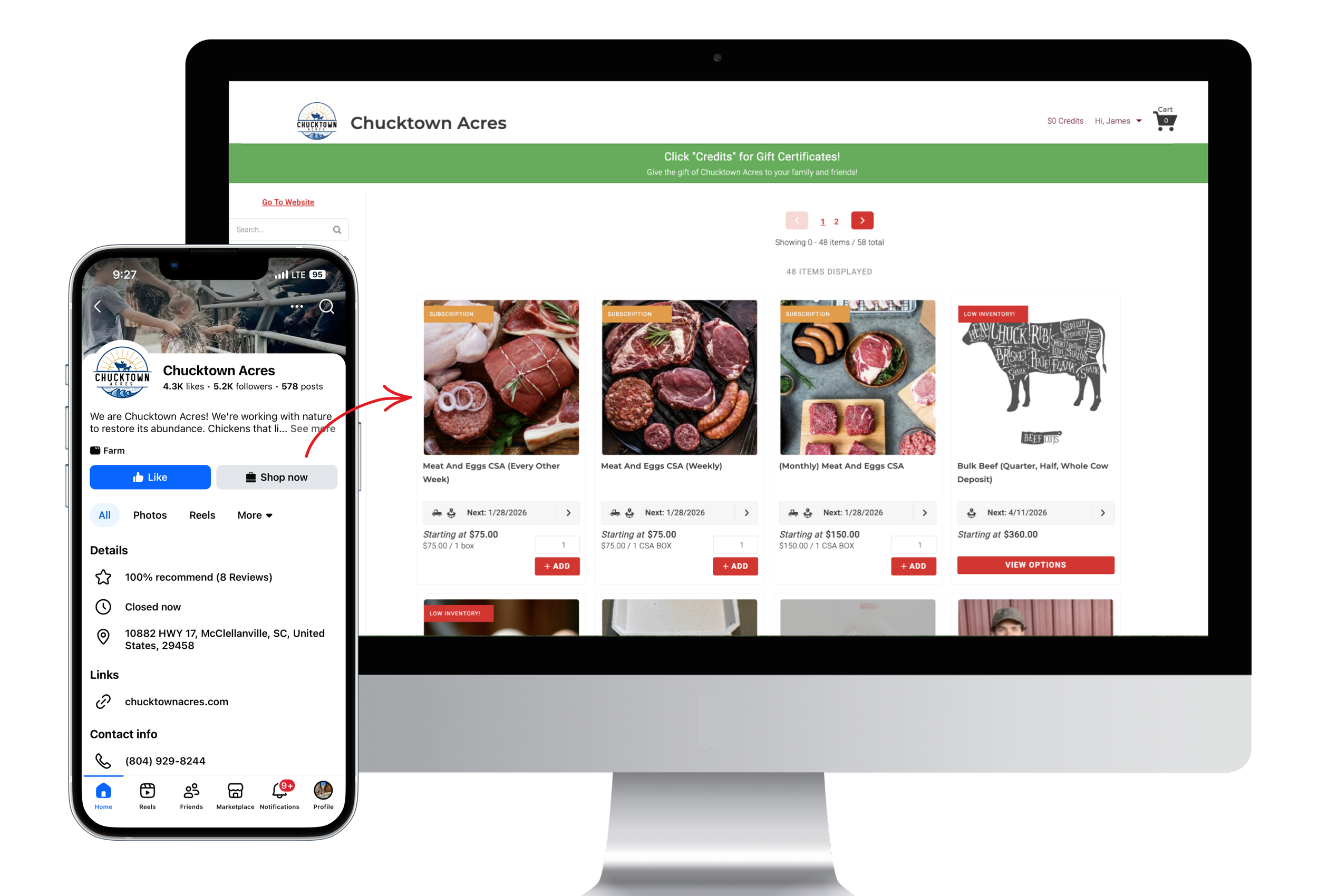Smartphone displaying the Chucktown Acres Facebook page next to a desktop monitor showing their online store, with a red arrow connecting the Facebook page to a meat subscription product on the website.