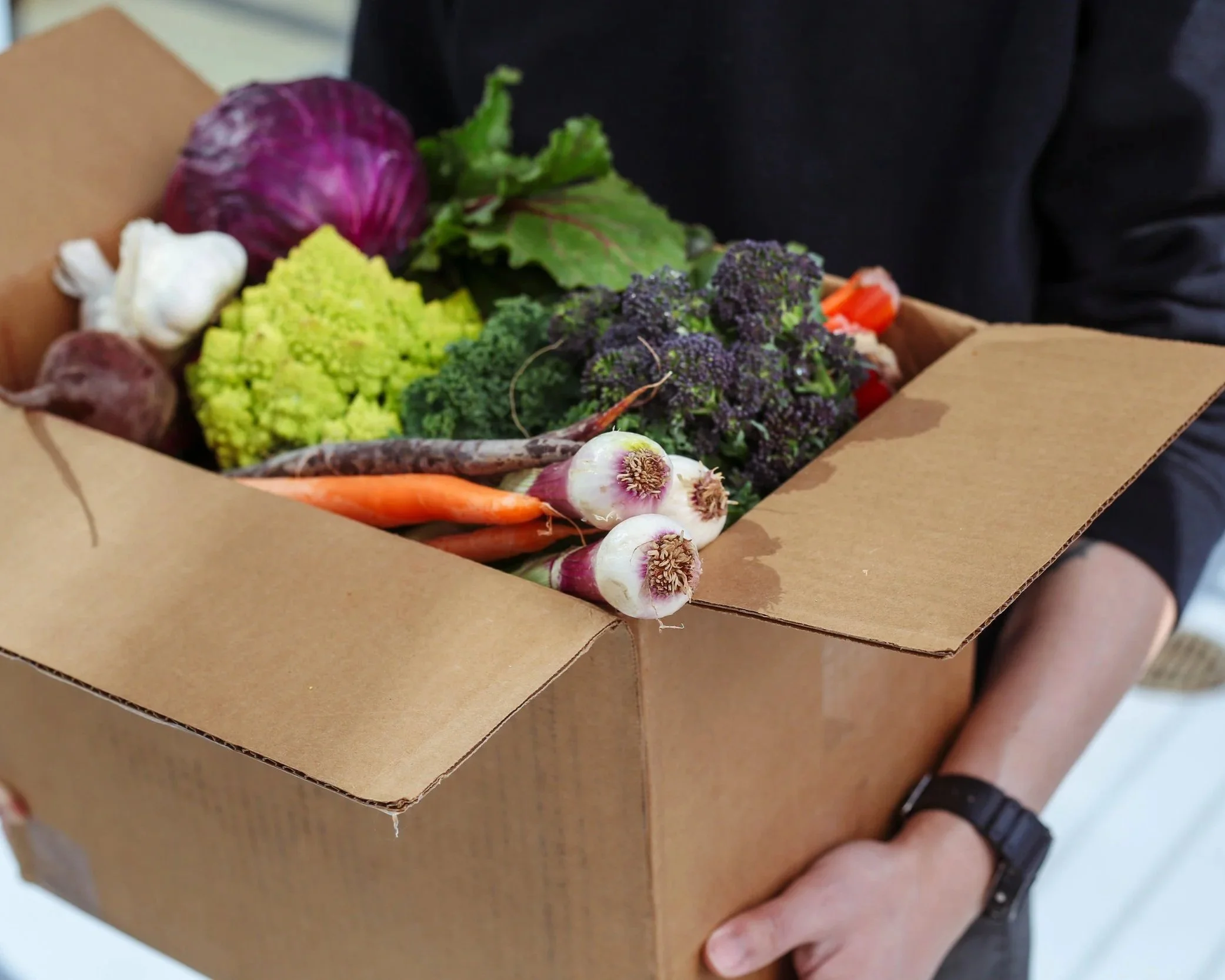 Farmer holding a basket of fresh produce for delivery, representing farm direct sales and subscription offerings.