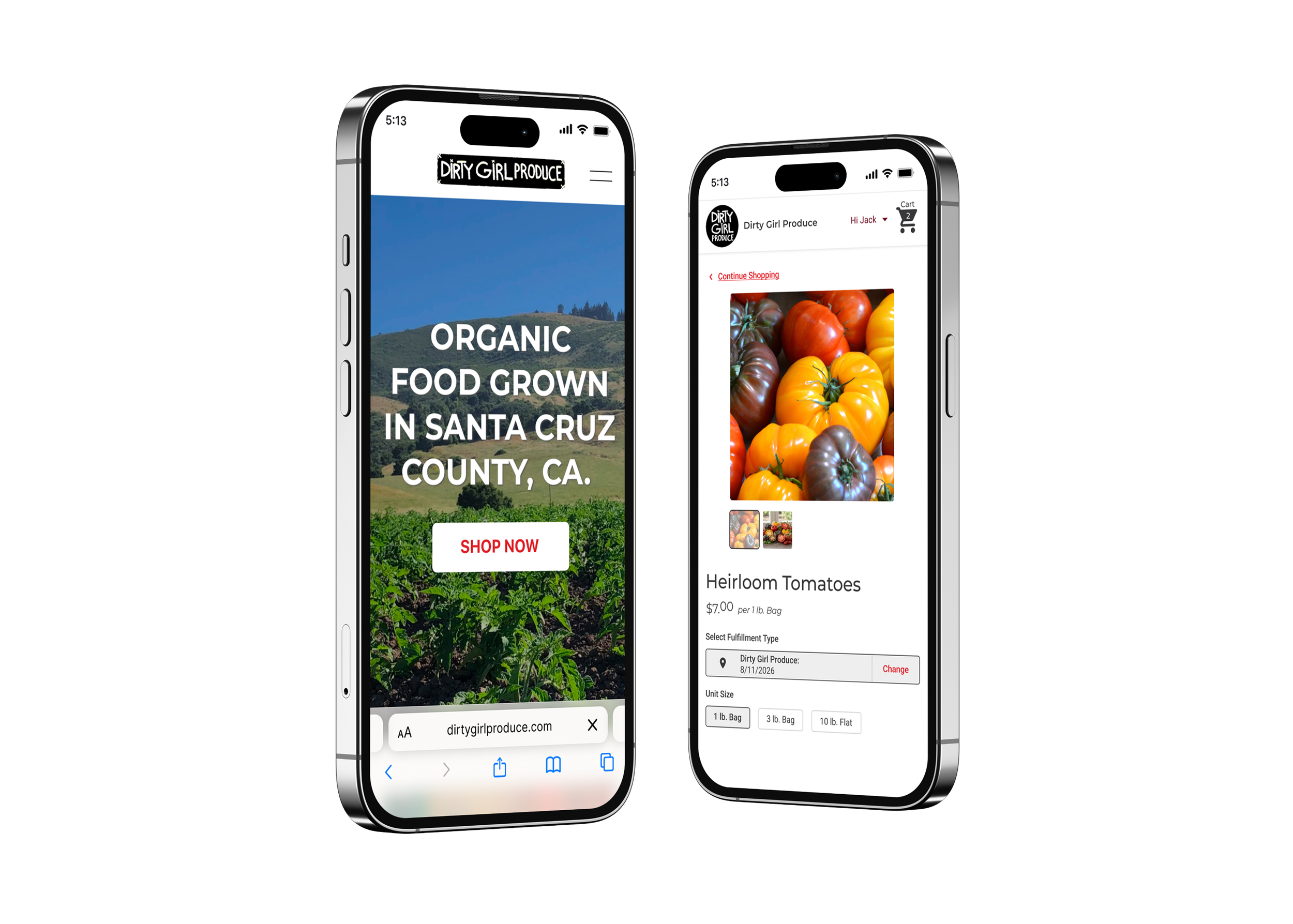 Two smartphones displaying the Dirty Girl Produce mobile website, featuring the homepage and an Heirloom Tomatoes product page.