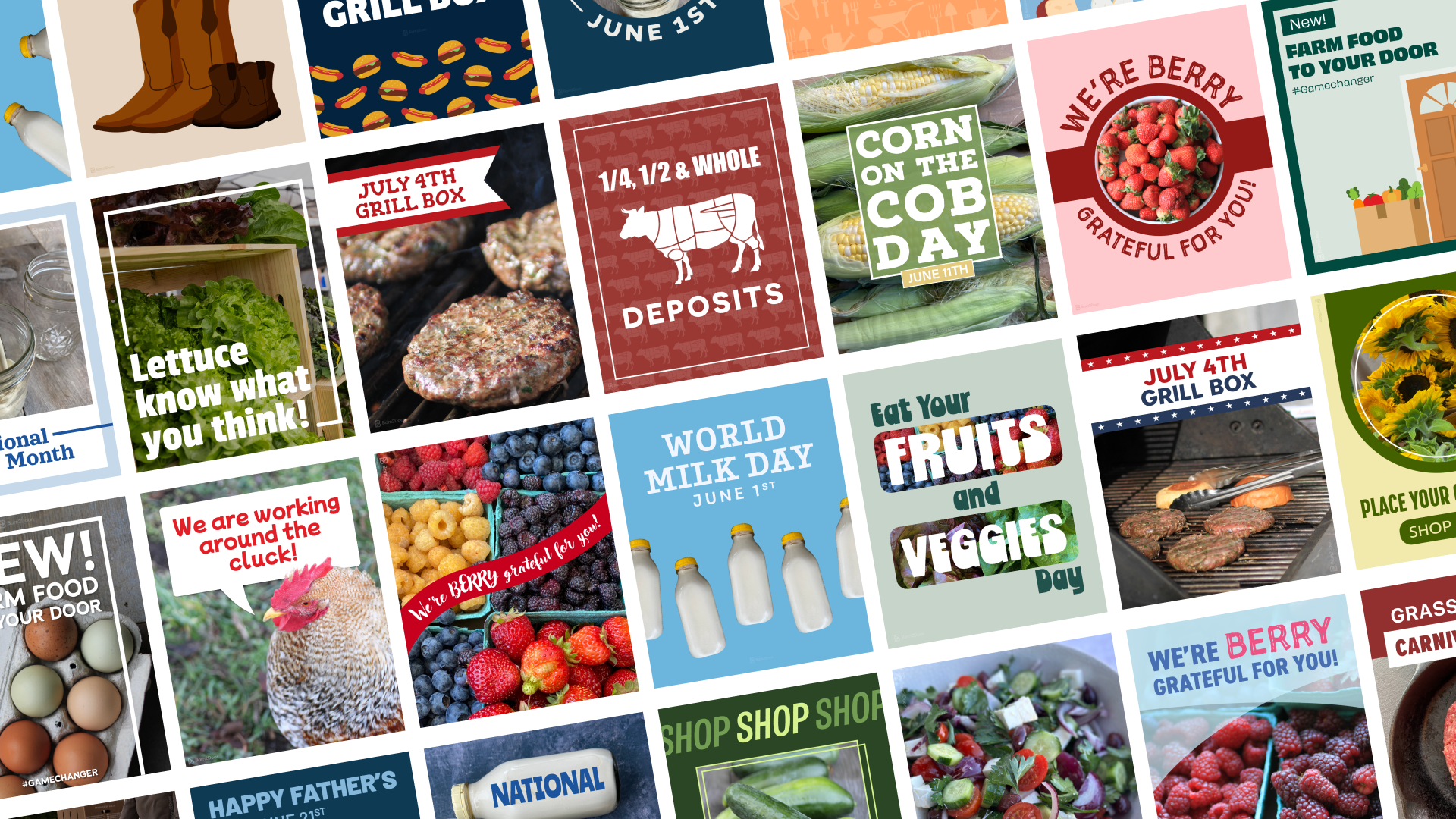 A grid of various colorful, farm-to-table themed graphic design templates.
