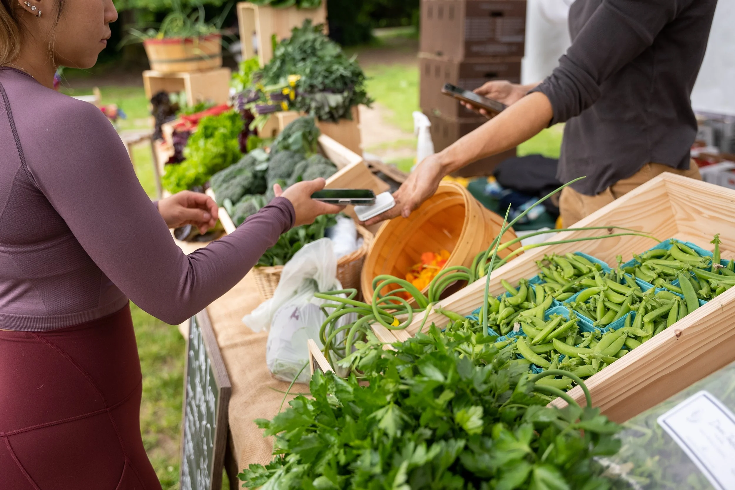 A customer making a contactless phone payment at an outdoor farmers' market produce stand.