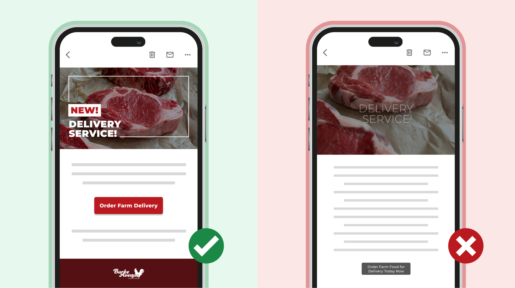 Comparison of mobile email layouts: one with a prominent red CTA button and clear header, the other with tiny, illegible text.