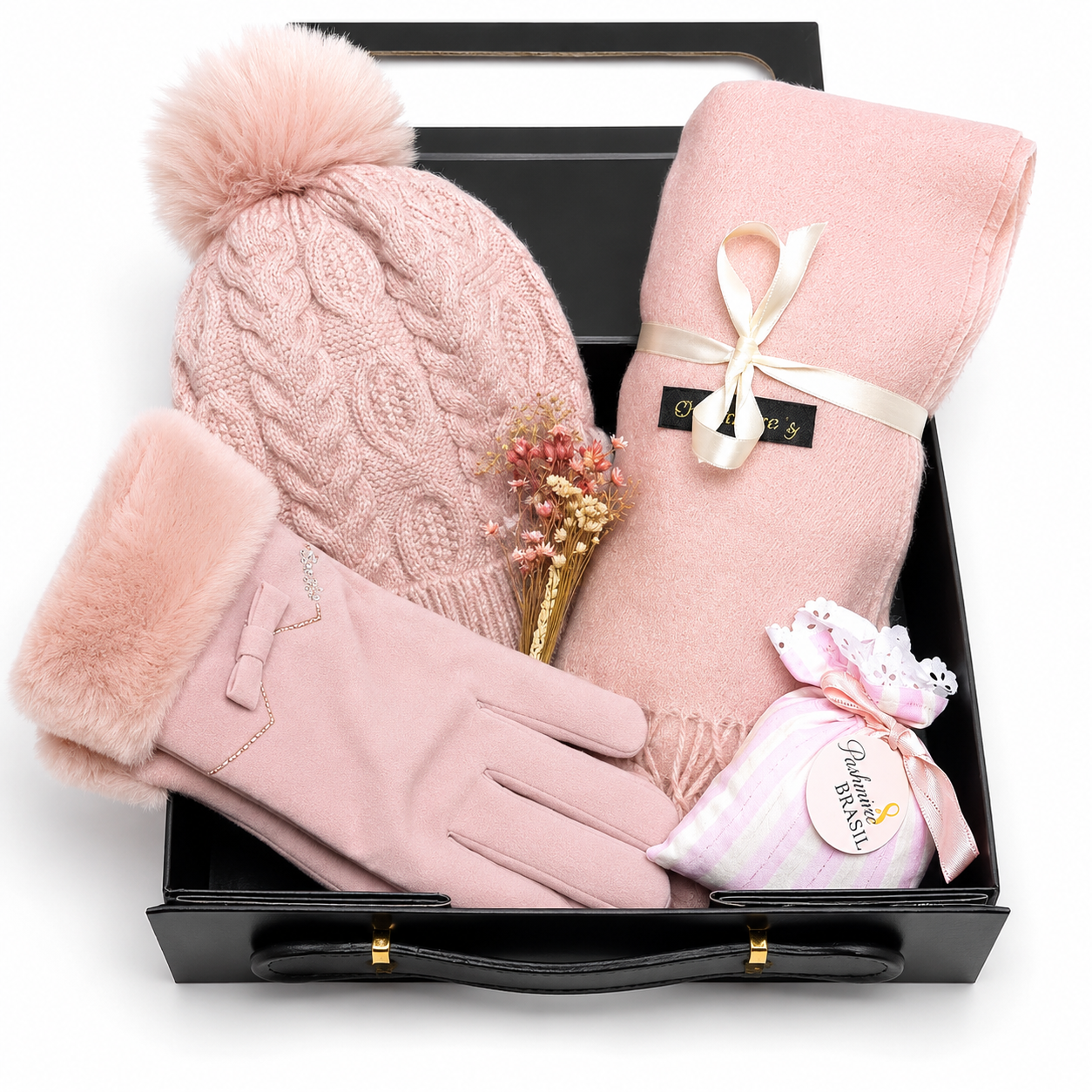 Kit Inverno Luxo Rosé | Pashmina Grossa, Gorro, Luva e Sachê Perfumado em Caixa Presente