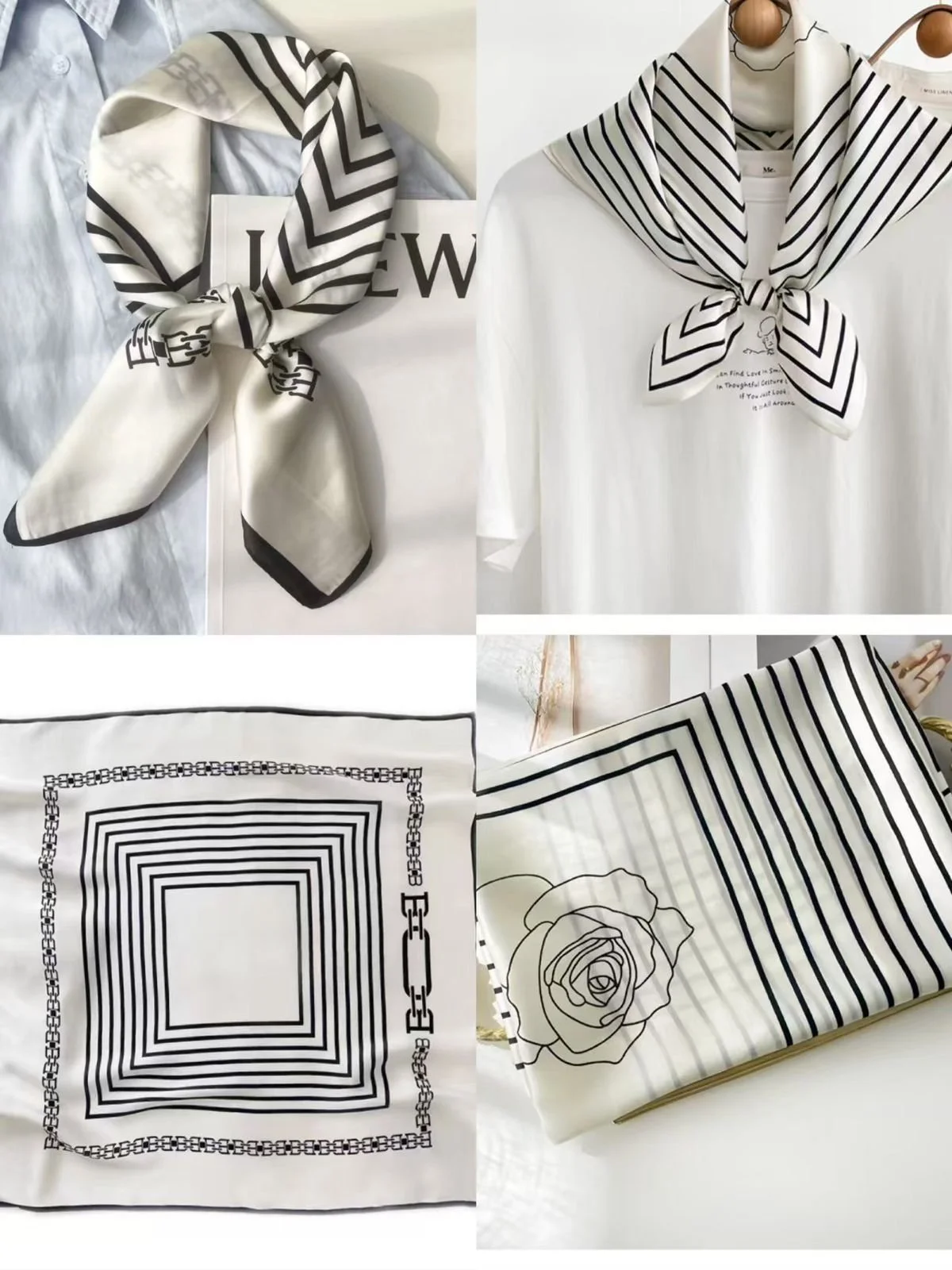 Lenço de Seda Feminino 70 × 70 cm Luxo Sofisticado Neutro Cabelo, Bolsa e Pescoço