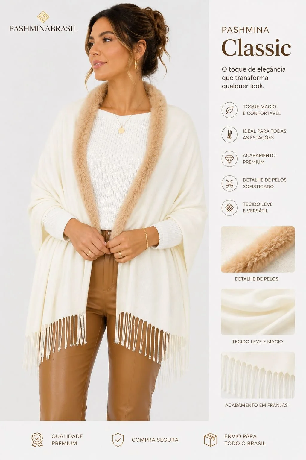 Pashmina Off-White com Pelo | Modelo Milão