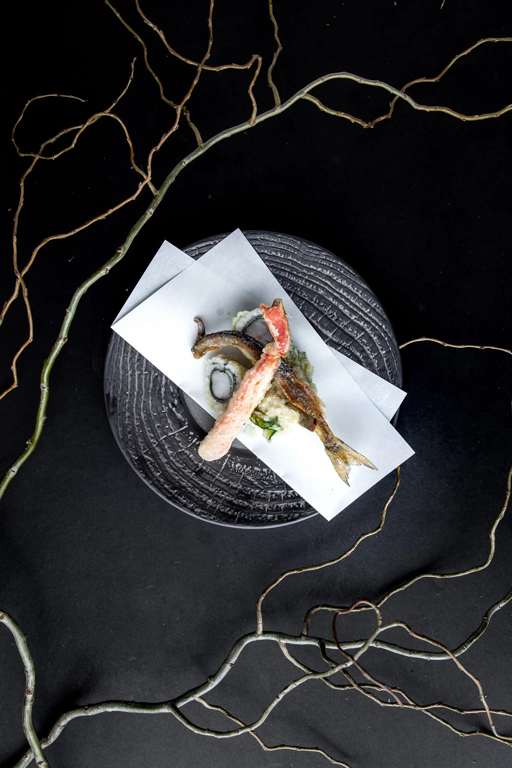 Tempura trio: smelt, jumbo prawn, snow crab