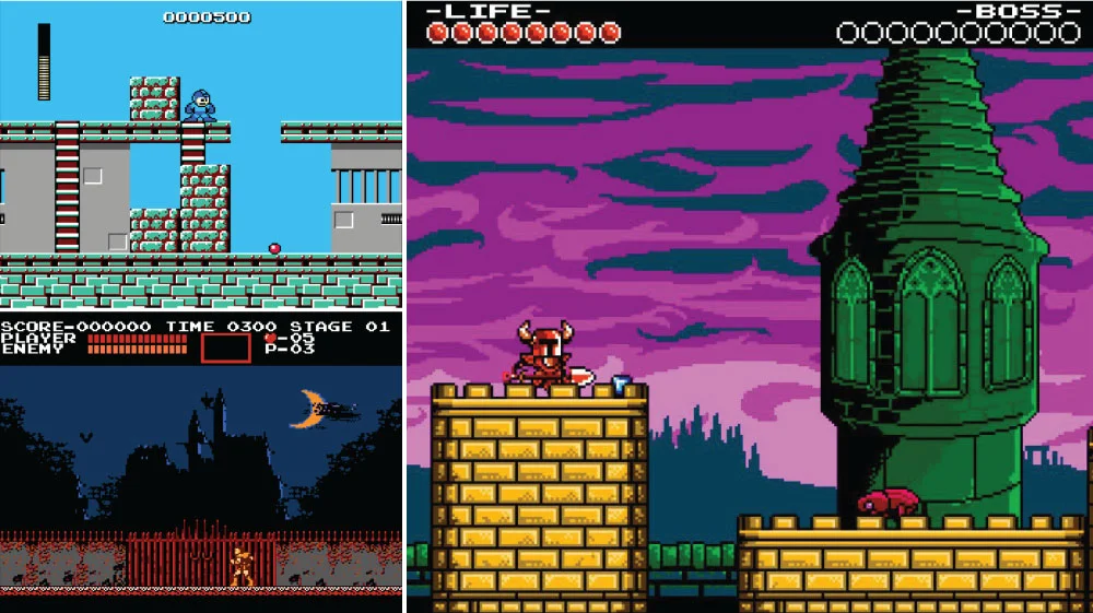 Mega Man (top left) and Castlevania (bottom left) for the NES compared to Shovel Knight . You can see how Shovel Knight has a much higher graphic fidelity. There’s a great video by Mark Brown that explores this more.
