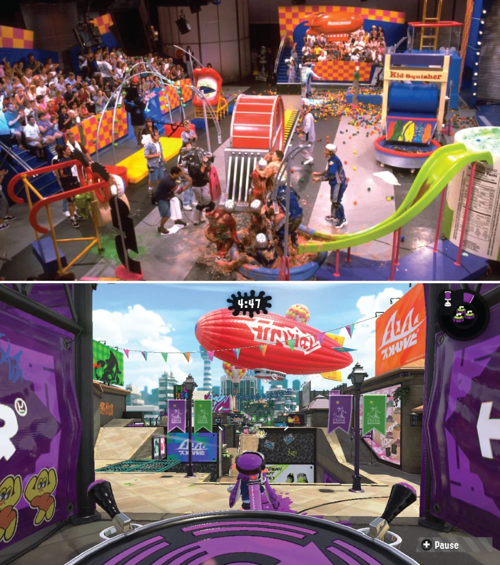 (Top) Set from the Nickelodeon show Double Dare , (Bottom) Splatoon 2 Stage