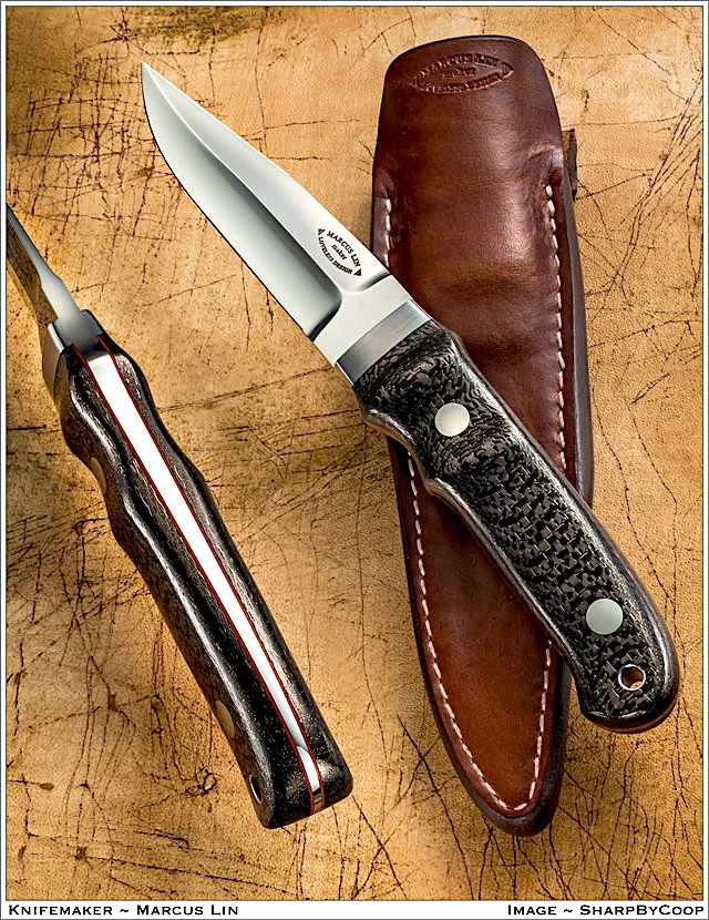 The Loveless Designed “Hideout” knife. (With the sculpted “Improved handle” in rare “Lightning Strike” Carbon Fiber).