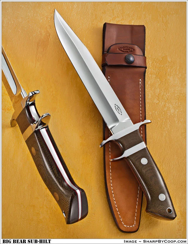 An early Loveless Designed Big Bear subhilt fighting knife with the old “Torrance, California” logo. After September 2010, the logo was changed to “Loveless Design.”