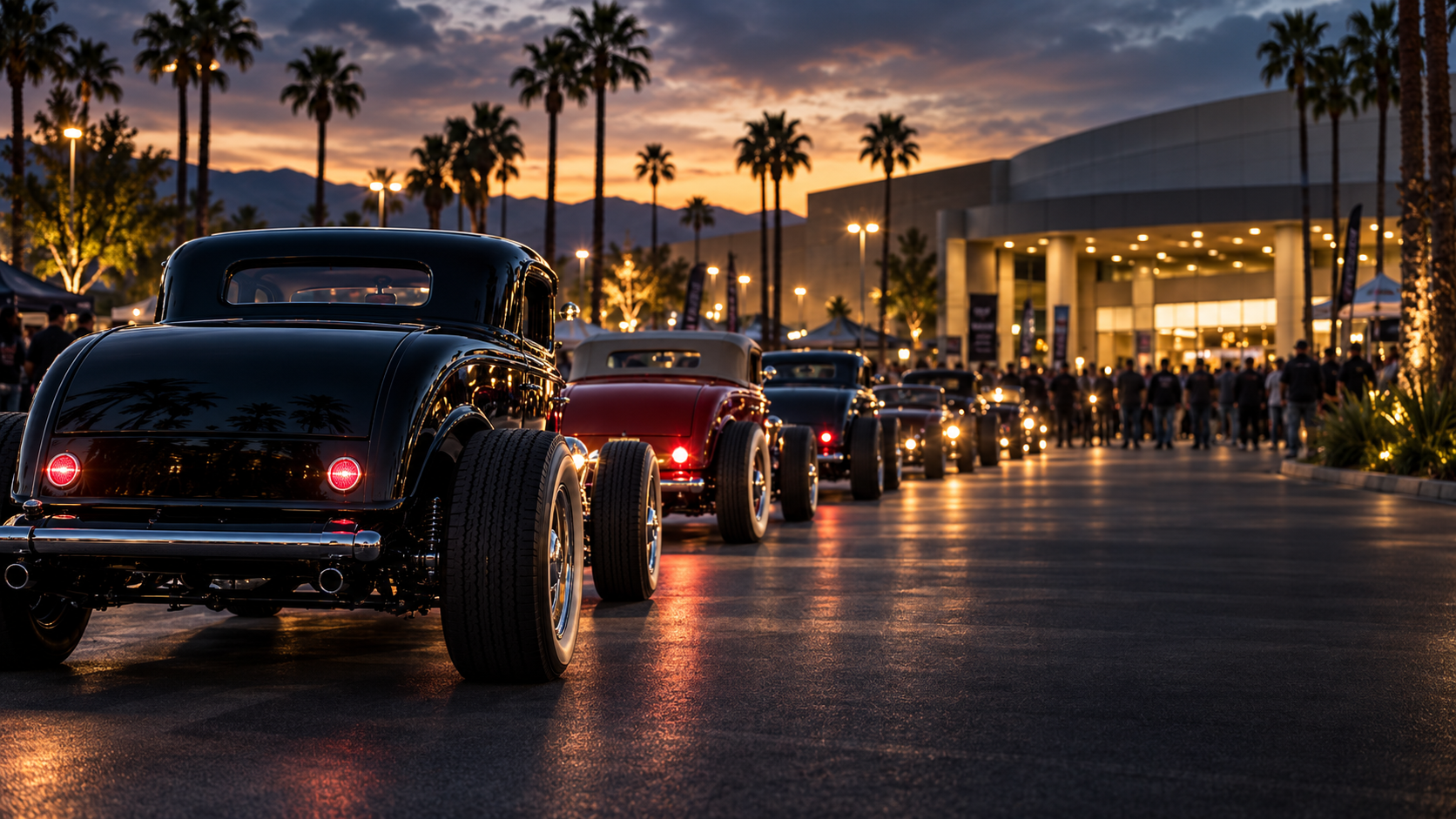 Classic hot rods arriving at a car show at sunset with palm trees and an exhibition hall