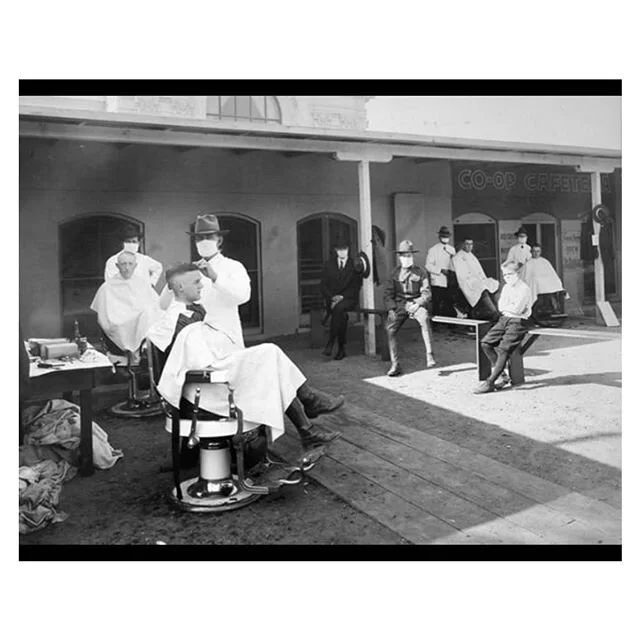 We are making History. .
**Pictured an open-air barbershop at University of California during the influenza pandemic of 1919 (photo: National Archives)