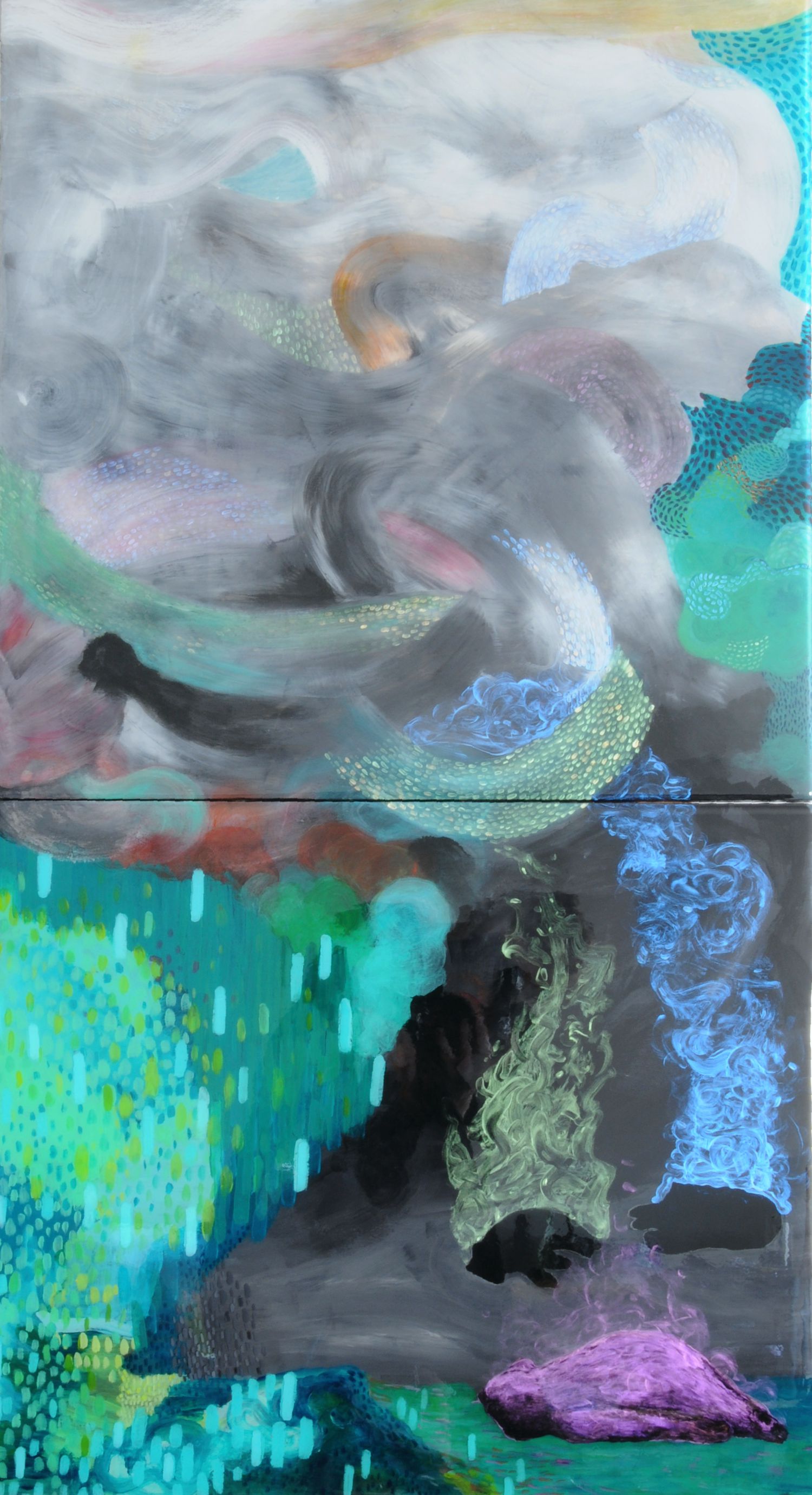 Afterlife , 2016. Coloured pencil, acrylic and resin on wood panel, 48x24 inches
