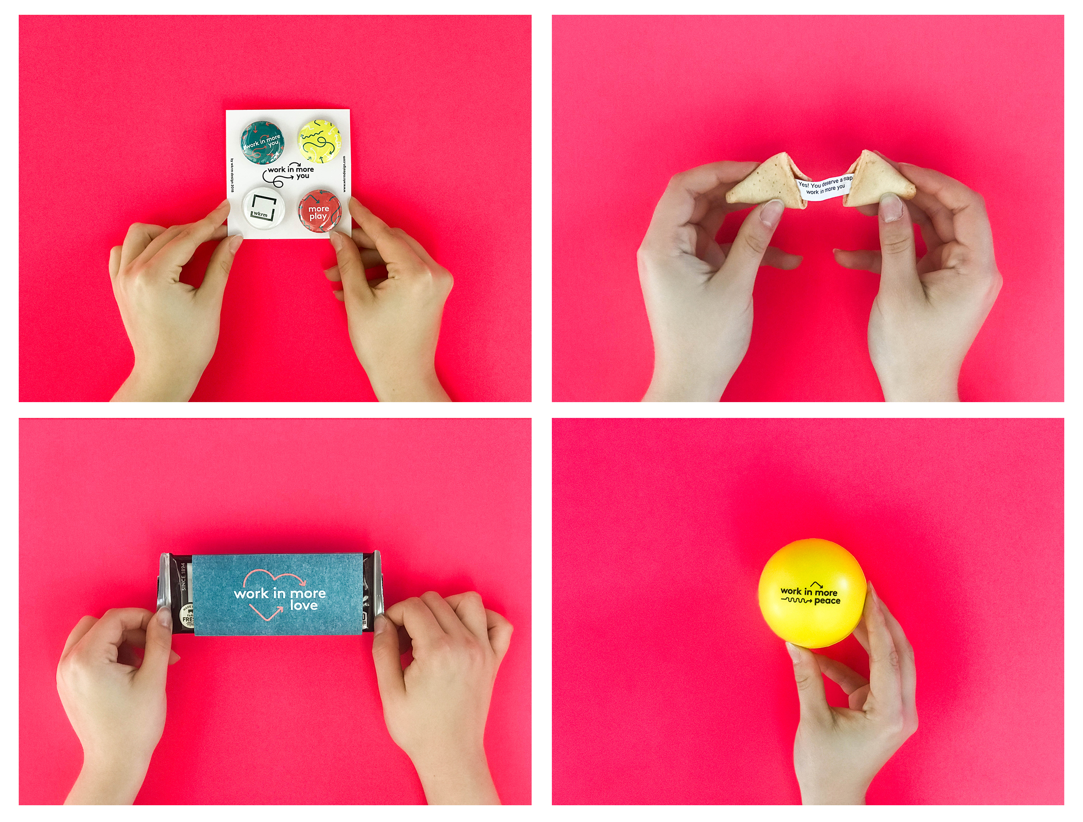 buttons, fortune cookies, chocolate, and stress balls with messages