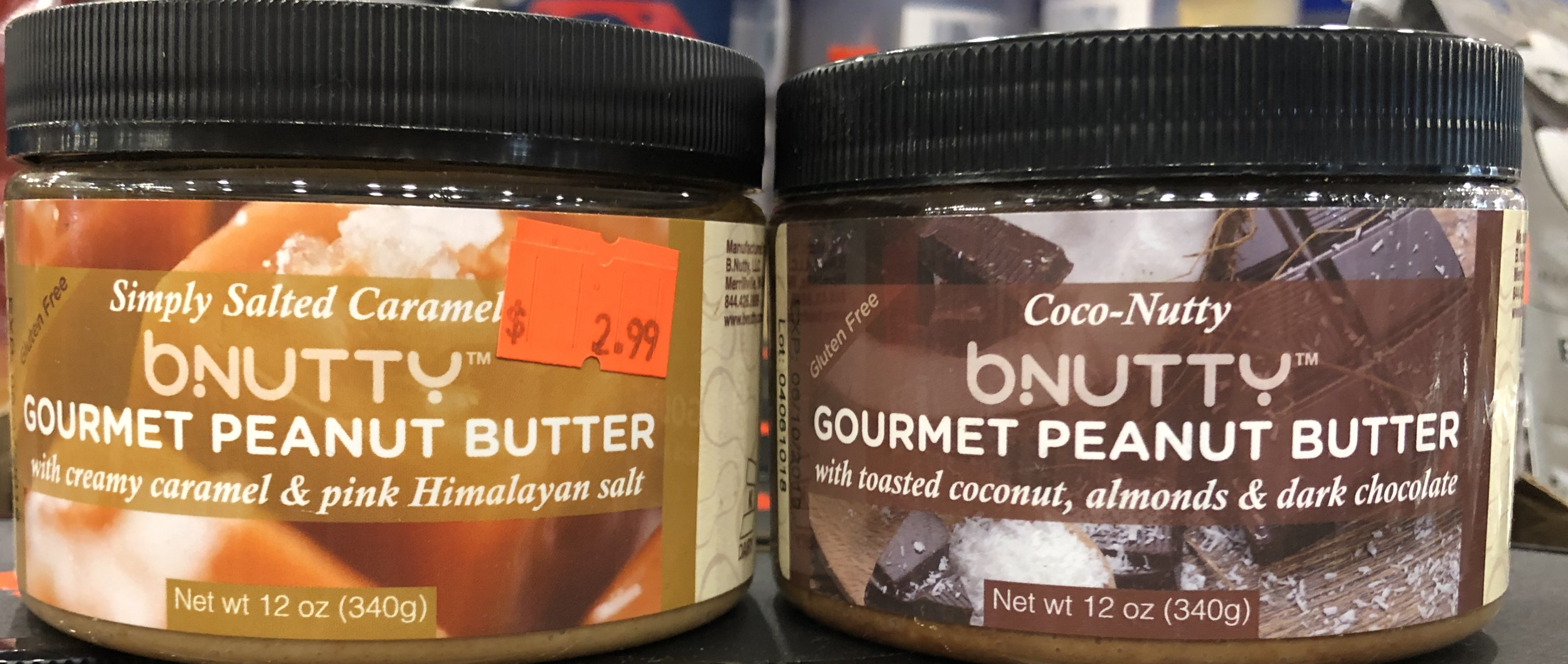 bnutty Gourmet Peanut Butter - Creamy Caramel & Pink Himalayan Salt; Toasted Coconut, Almonds & Dark Chocolate